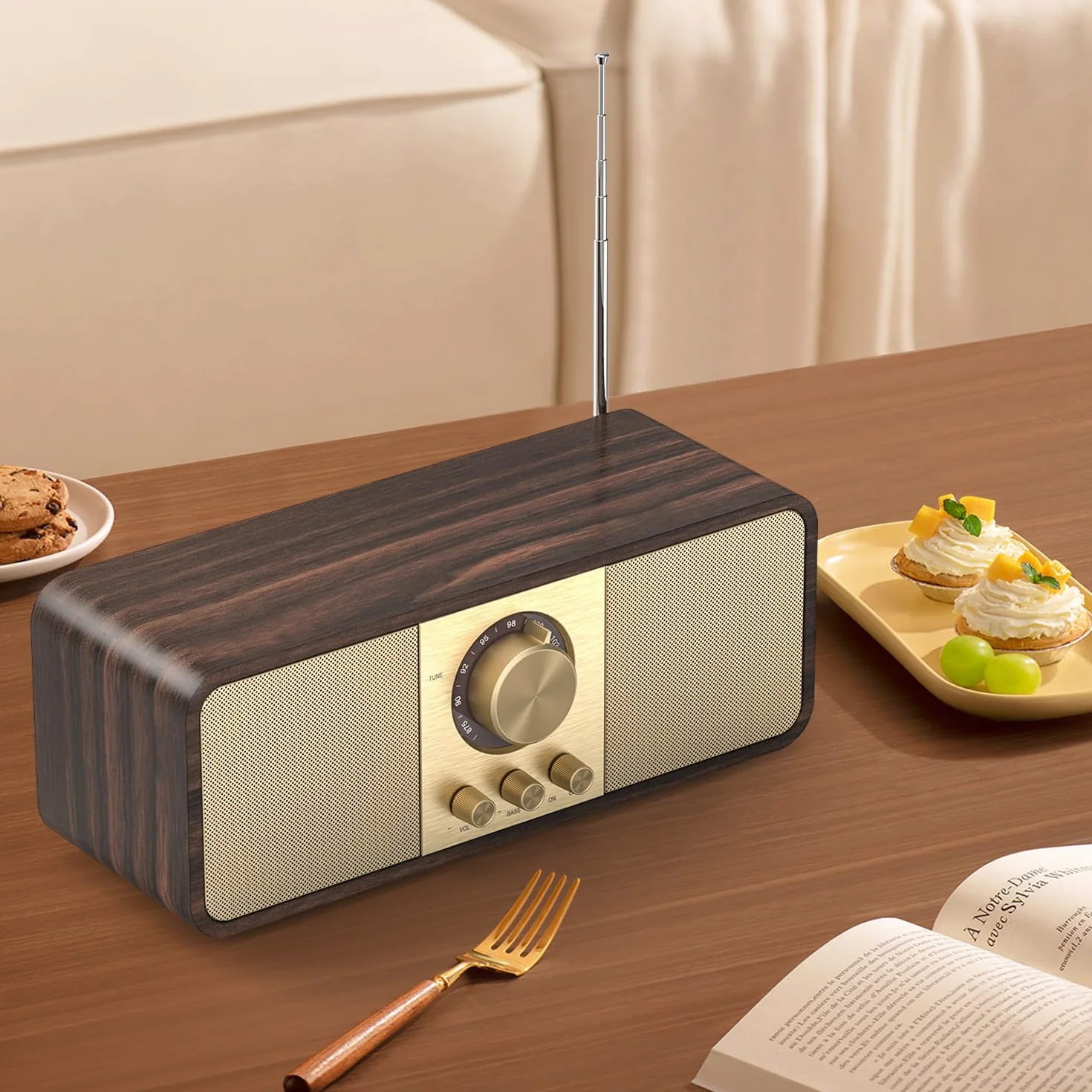 Radio Nostalgia, Radios Retro z Bluetooth i kartą TF, Zasilane Baterią 3000 mAH, z głośnikami Niskotonowymi 2 x 8 W, Radios Retro z AUX/USB, Radio do Kuchni/Sypialni/Biura