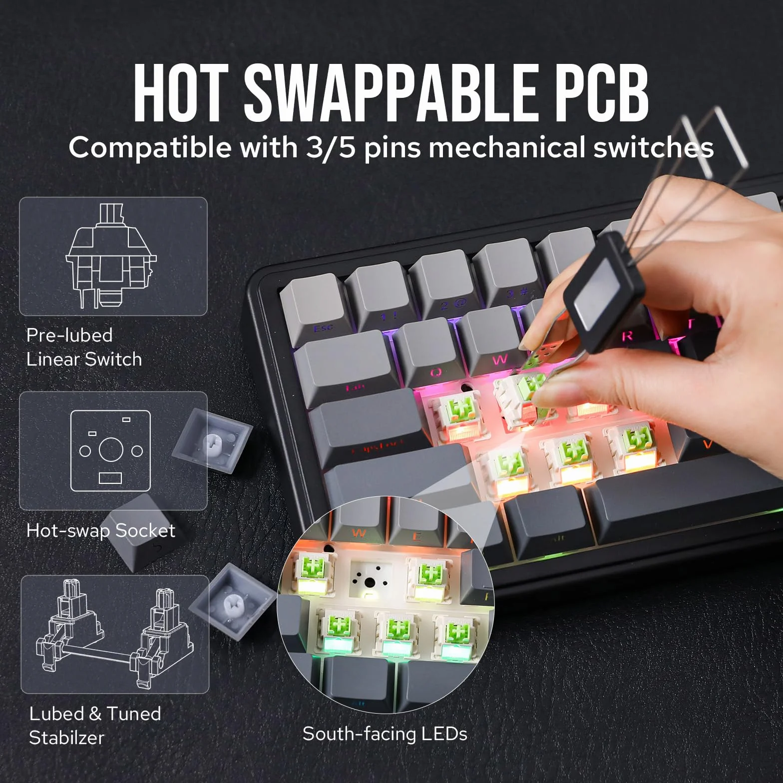 EPOMAKER x AULA F65 65% klawiatura mechaniczna Tri-Mode RGB Hot Swap 4000 mAh czarny Reaper Switch