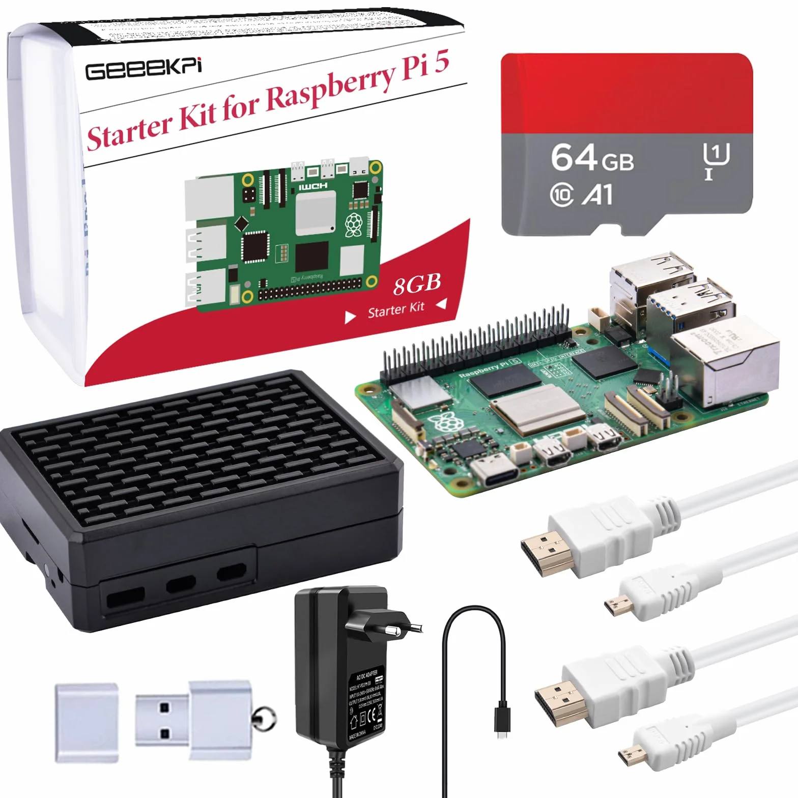 GeeekPi Zestaw startowy Raspberry Pi 5 8 GB aluminiowa obudowa chłodzenie pasywne Armor V5 karta SD 64 GB czytnik kart kable HDMI 27 W USB C