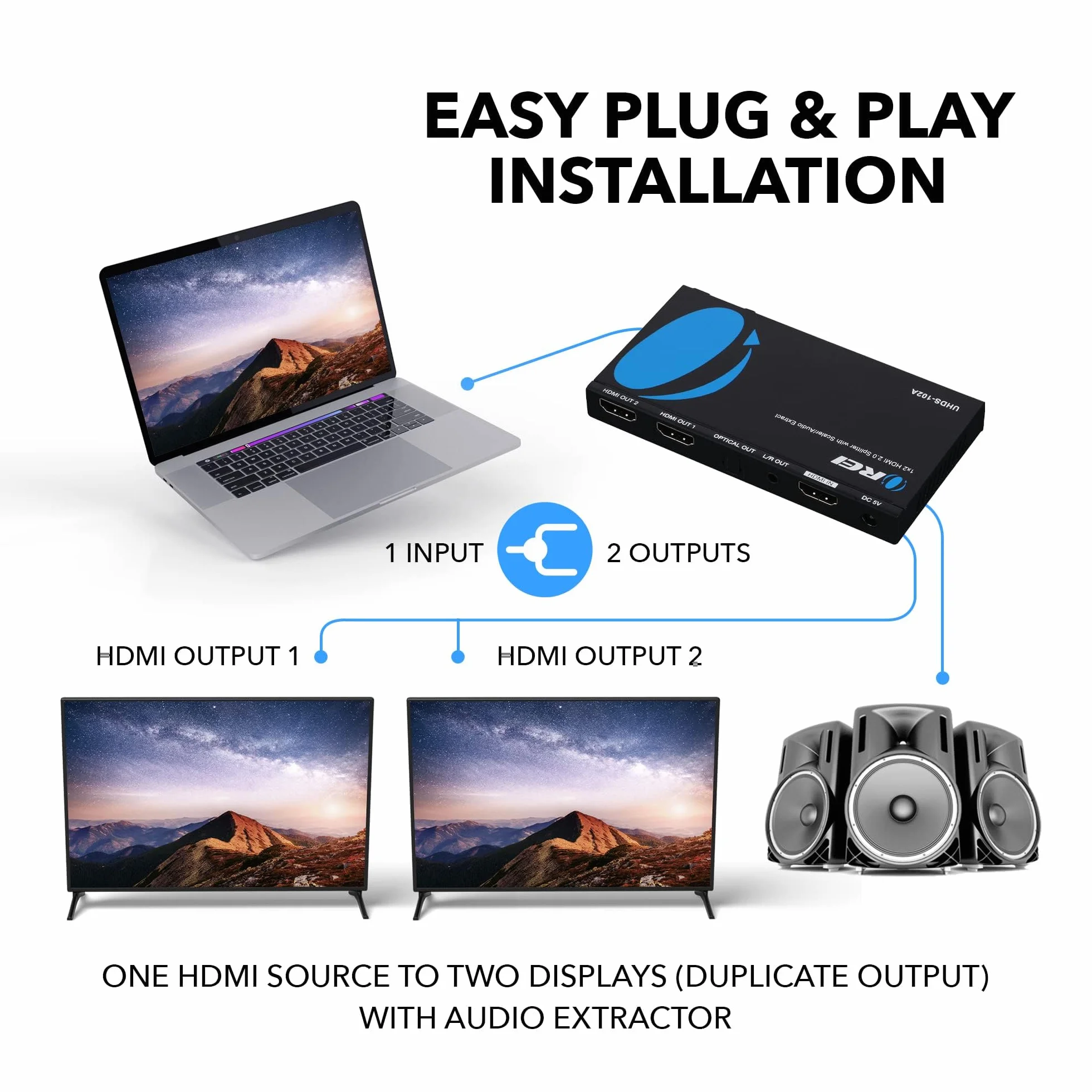 OREI Rozdzielacz HDMI 1x2 2.0 ze skalerem audio, 2 porty z Full Ultra HDCP 2.4K przy 60Hz i 3D obsługuje sterowanie EDID - UHDS-102A