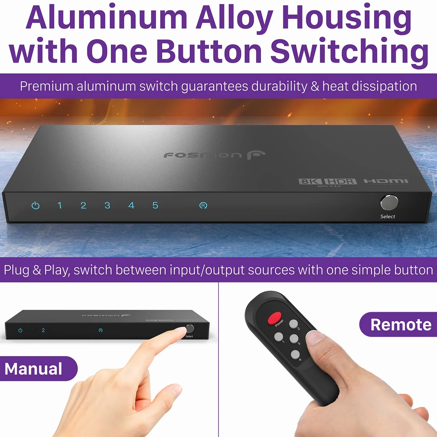 Fosmon 5-portowy przełącznik HDMI 8K z pilotem, obsługa 8K@60Hz 4K@120Hz High Speed 48Gbps, Switch HDMI 2.1 5 wejść 1 wyjście Splitter Hub kompatybilny z PS5 Xbox Apple TV DVD laptopem PC monitorem