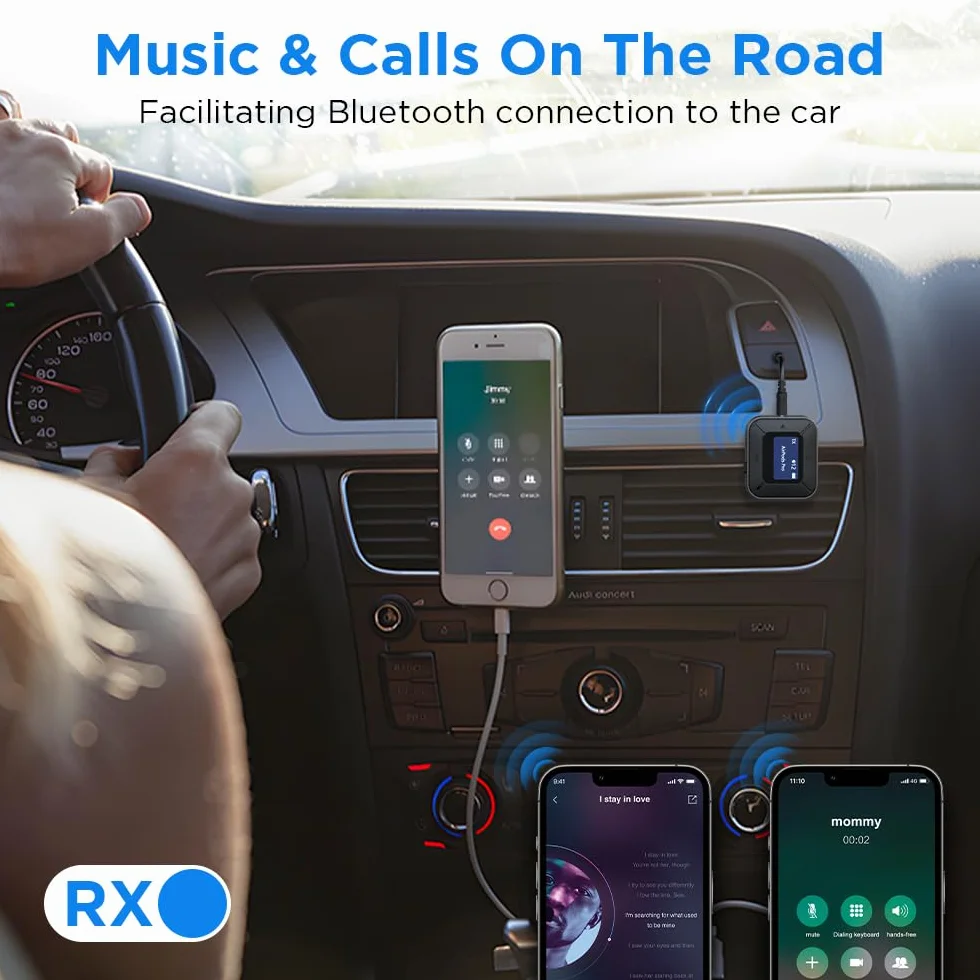 Nadajnik Bluetooth 5.3, odbiornik audio 2 w 1, adapter audio z gniazdem AUX 3,5 mm do samolotu, telewizora, systemu stereo, samochodu – niskie opóźnienie, ekran na 2 słuchawki, słuchawki