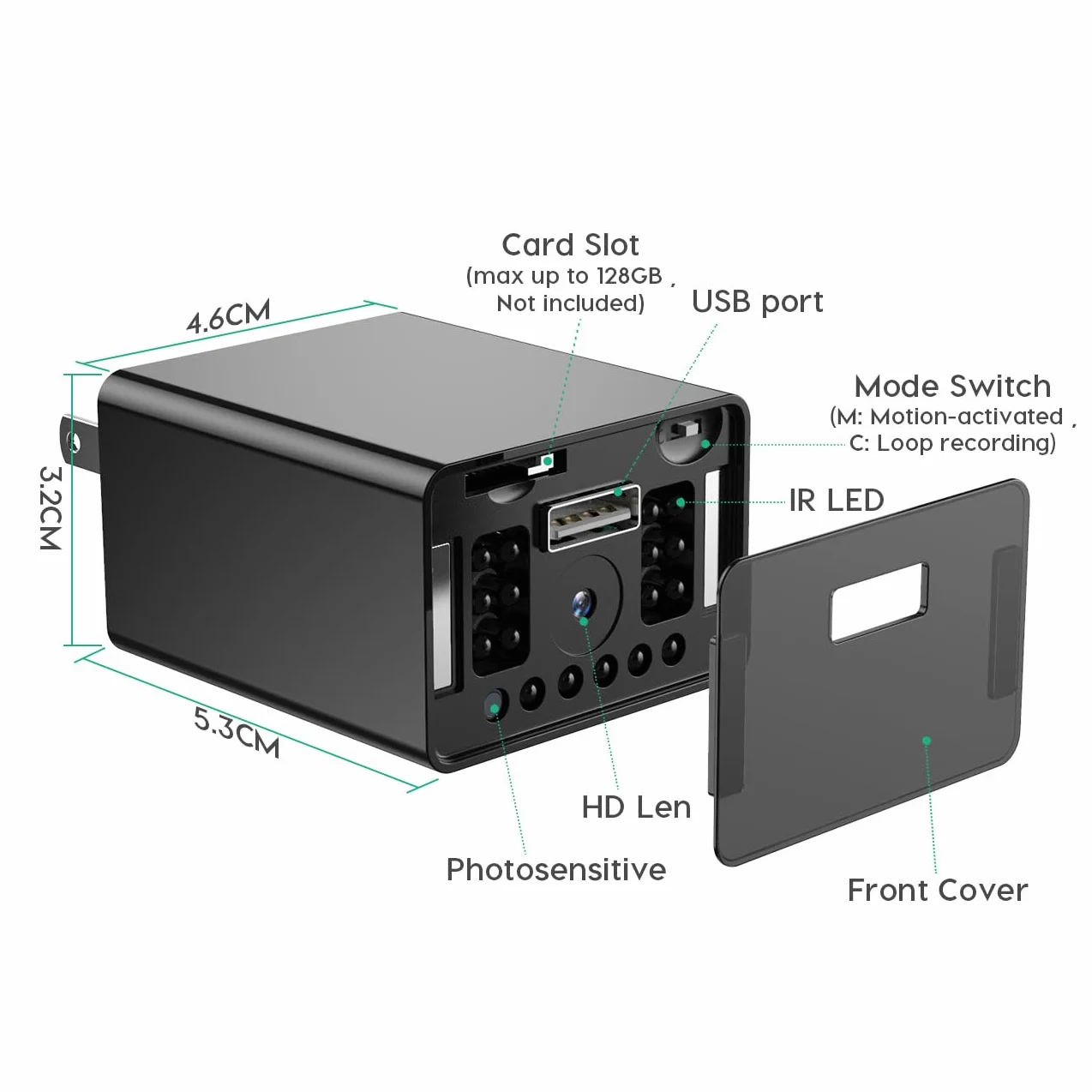kamera szpiegowska 64GB, ukryta kamera z ładowarką USB, 1080P HD z wykrywaniem ruchu, noktowizorem, mini kamera do domu/biura, bez WiFi