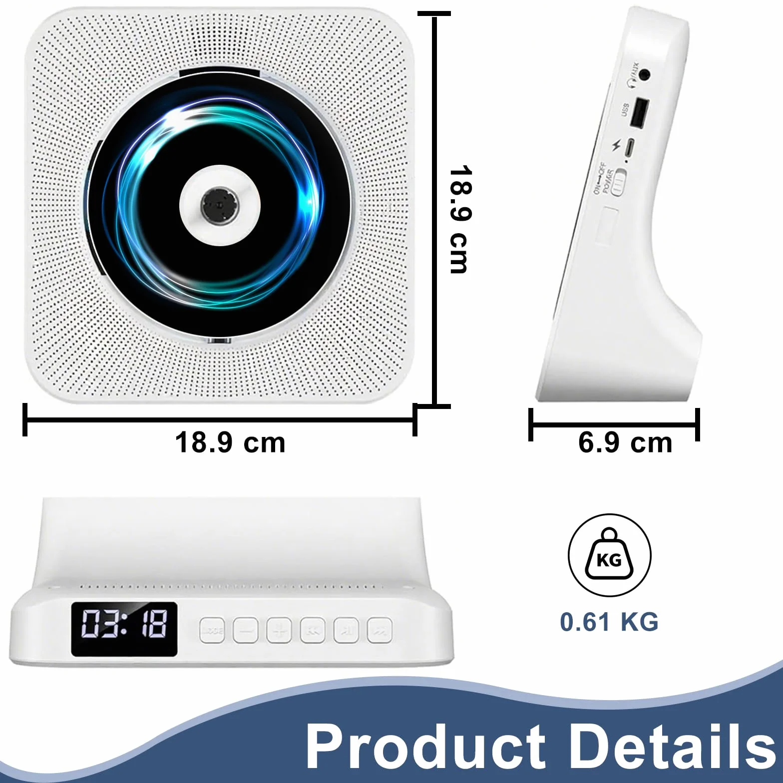Biurkowy odtwarzacz CD z Bluetooth 5.0, przenośny odtwarzacz muzyki CD do domu, wbudowany głośnik HiFi, pilot zdalnego sterowania, radio FM, gniazdo słuchawkowe, wyłącznik czasowy, obsługa AUX/USB