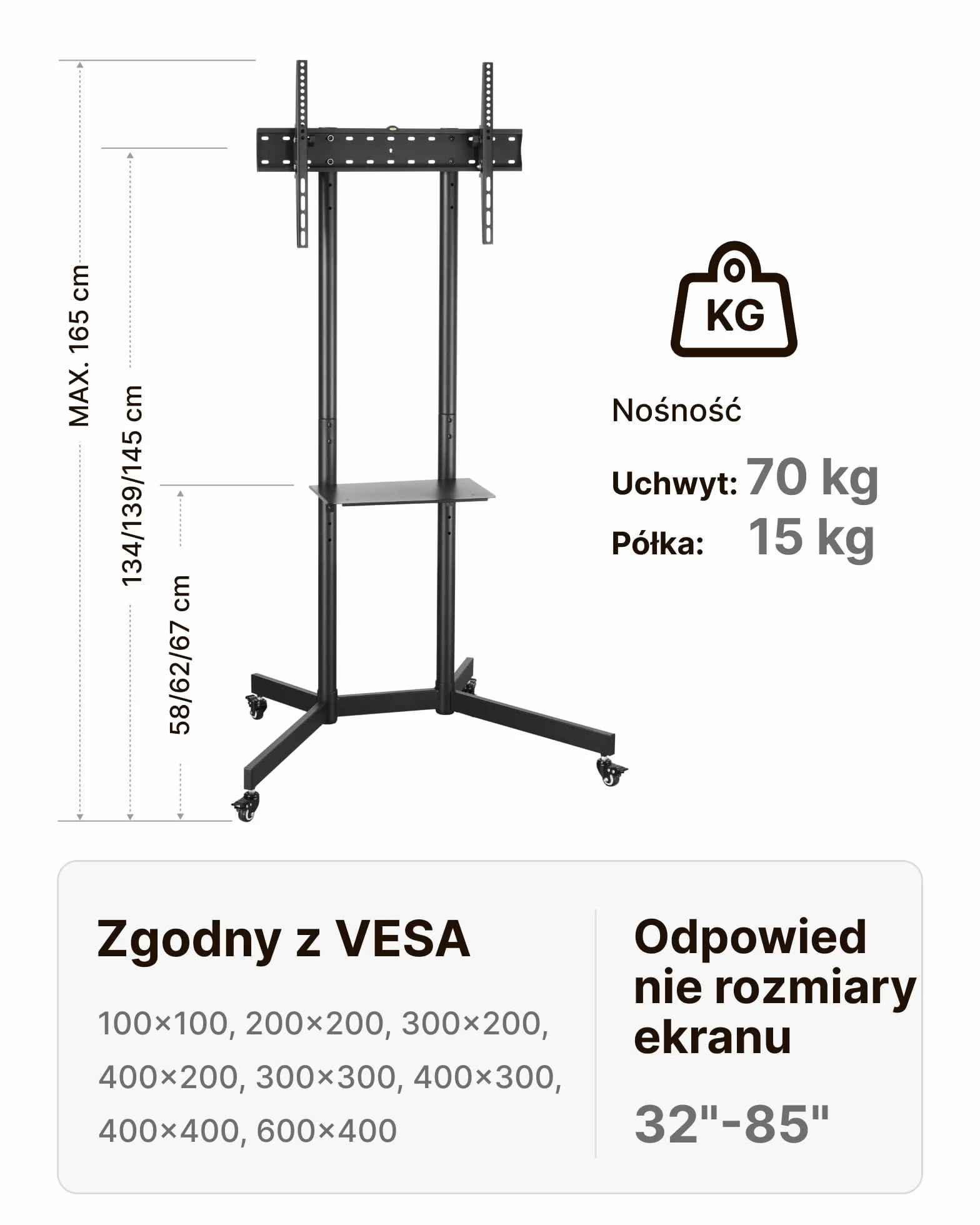 Stojak na telewizor mobilny 32-85 cali udźwig 70 kg VESA 600x400 z półką