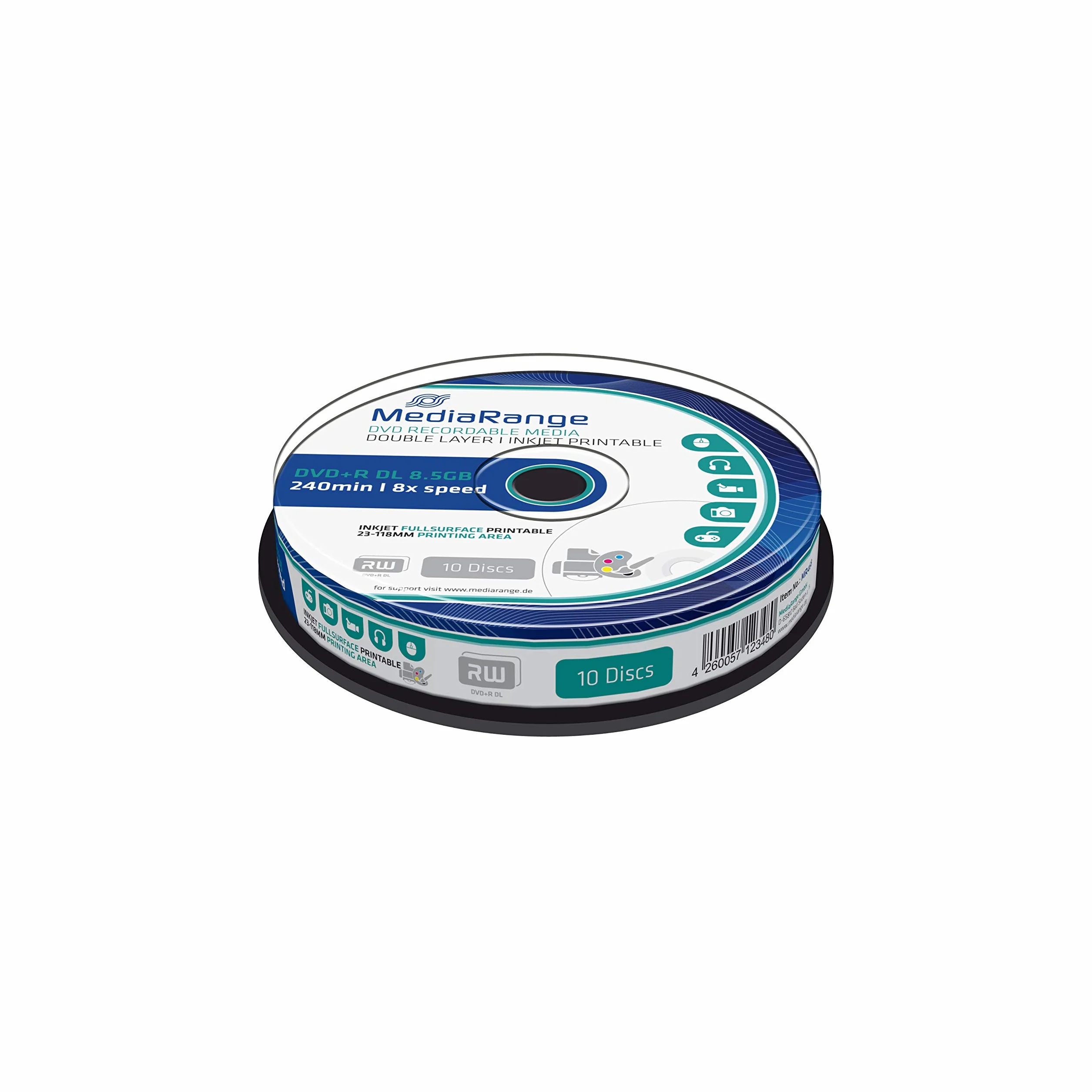 MediaRange DVD+R Double Layer 8,5 Gb|240 min 8-krotna prędkość zapisu, możliwość zadrukowania na całej powierzchni, 10 sztuk Cake Box