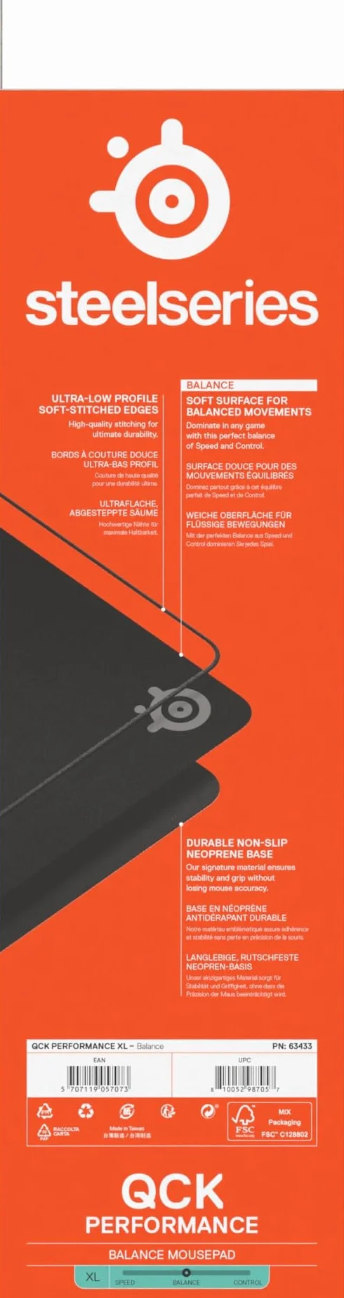 SteelSeries, podkładka QcK XL Performance Balance - Dod. gęstość dająca poślizg - Niskoprofilowe przeszycia krawędzi - Antypoślizgowa podstawa z neoprenu - Rozm. 900 x 400 mm - FPS, MOBA, RTS, MMO