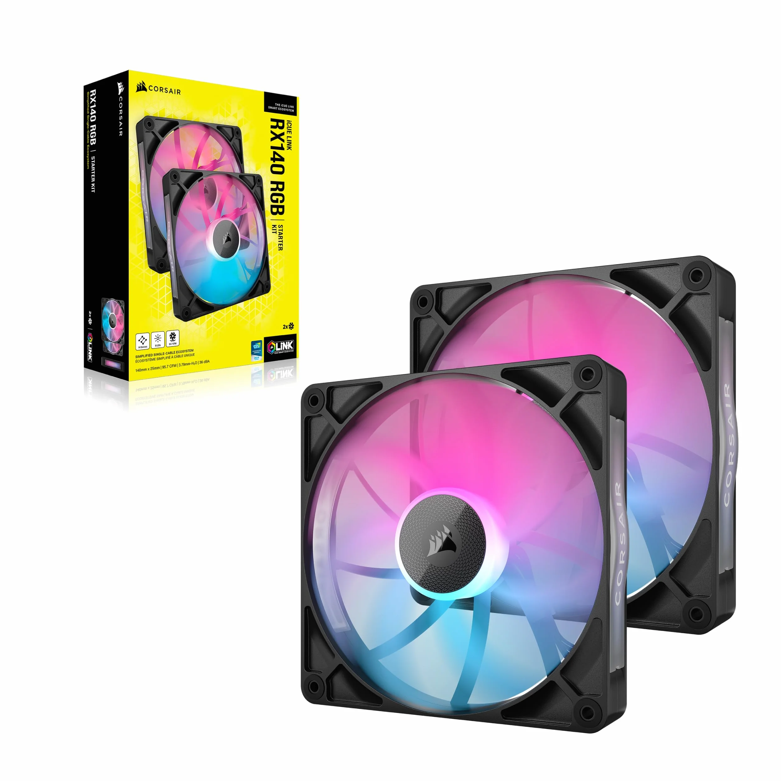 CORSAIR iCUE LINK RX140 RGB 140 mm PWM Wentylatory z Koncentratorem Systemowym iCUE LINK - Magnetyczne Łożysko Kopułkowe - PDwupak - Czarny