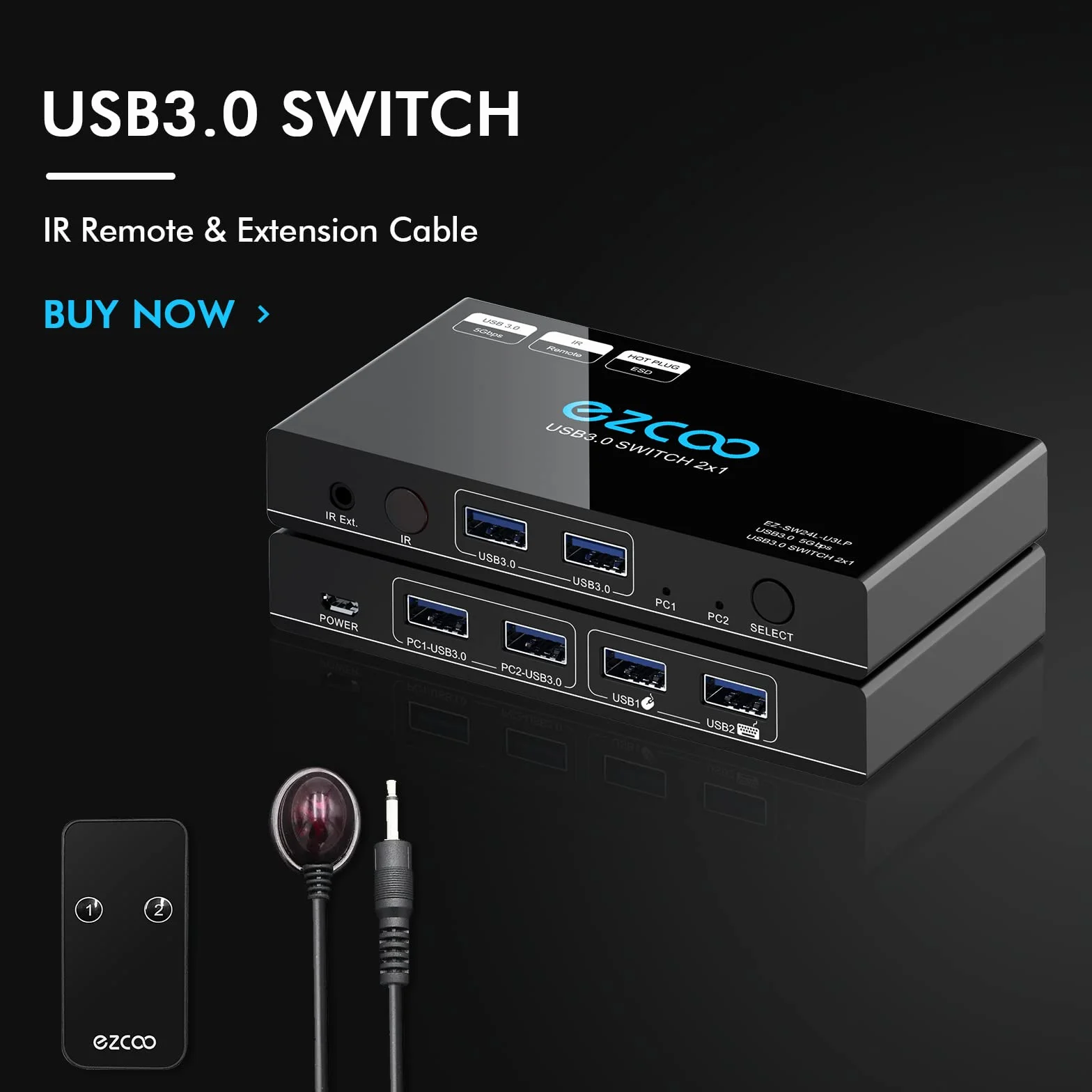 Przełącznik KVM USB 3.0 2 w 4 z pilotem zdalnego sterowania, koncentrator do myszy i klawiatury