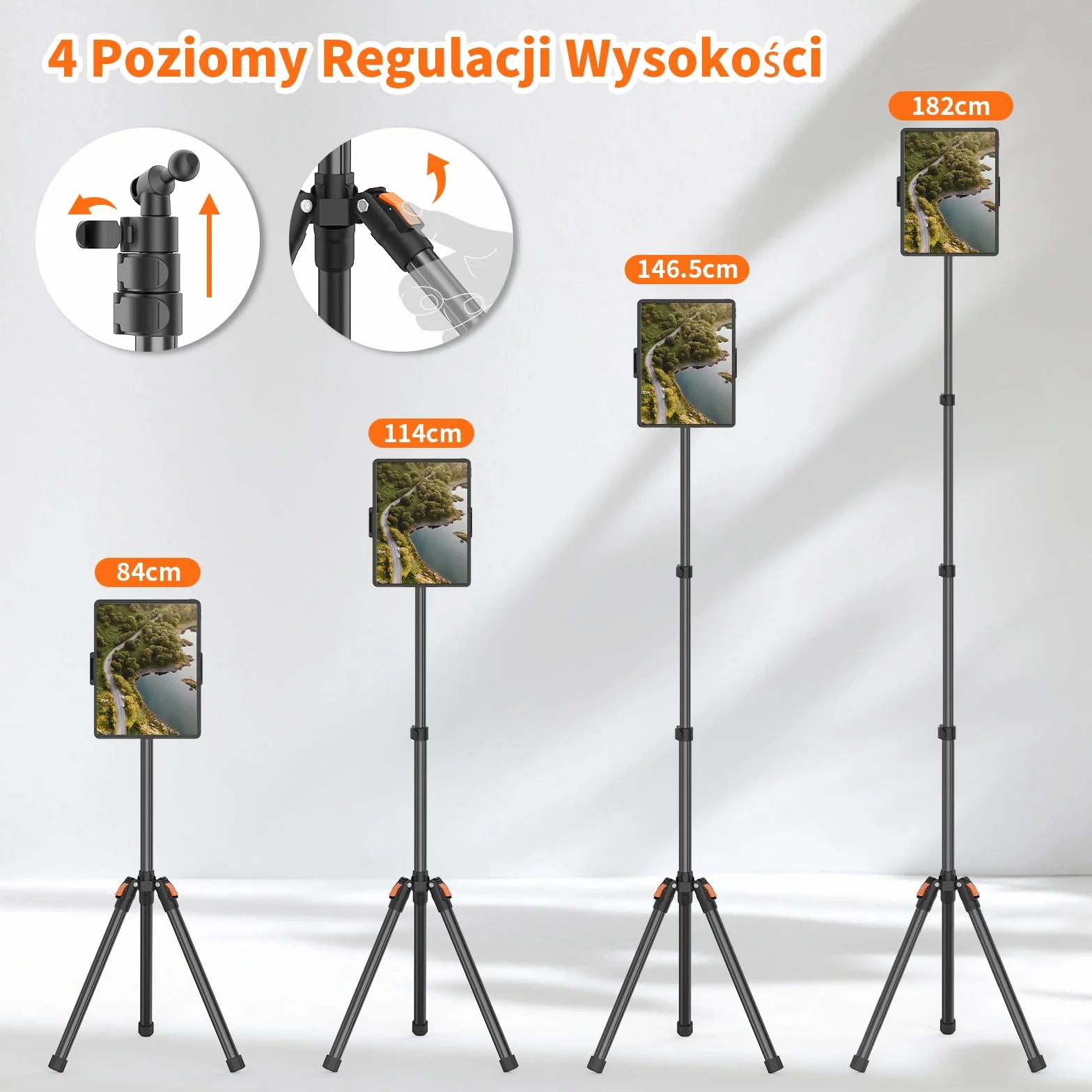 XXZU 182cm Stojak Podłogowy na Tablet, Uchwyt na Tablet Obrotowy Statyw na Telefon o Wysokości 360°, Regulowany Składany Statyw do Tablety do Oglądania/Streamowania Kompatybilny z Tabletem i Telefonem