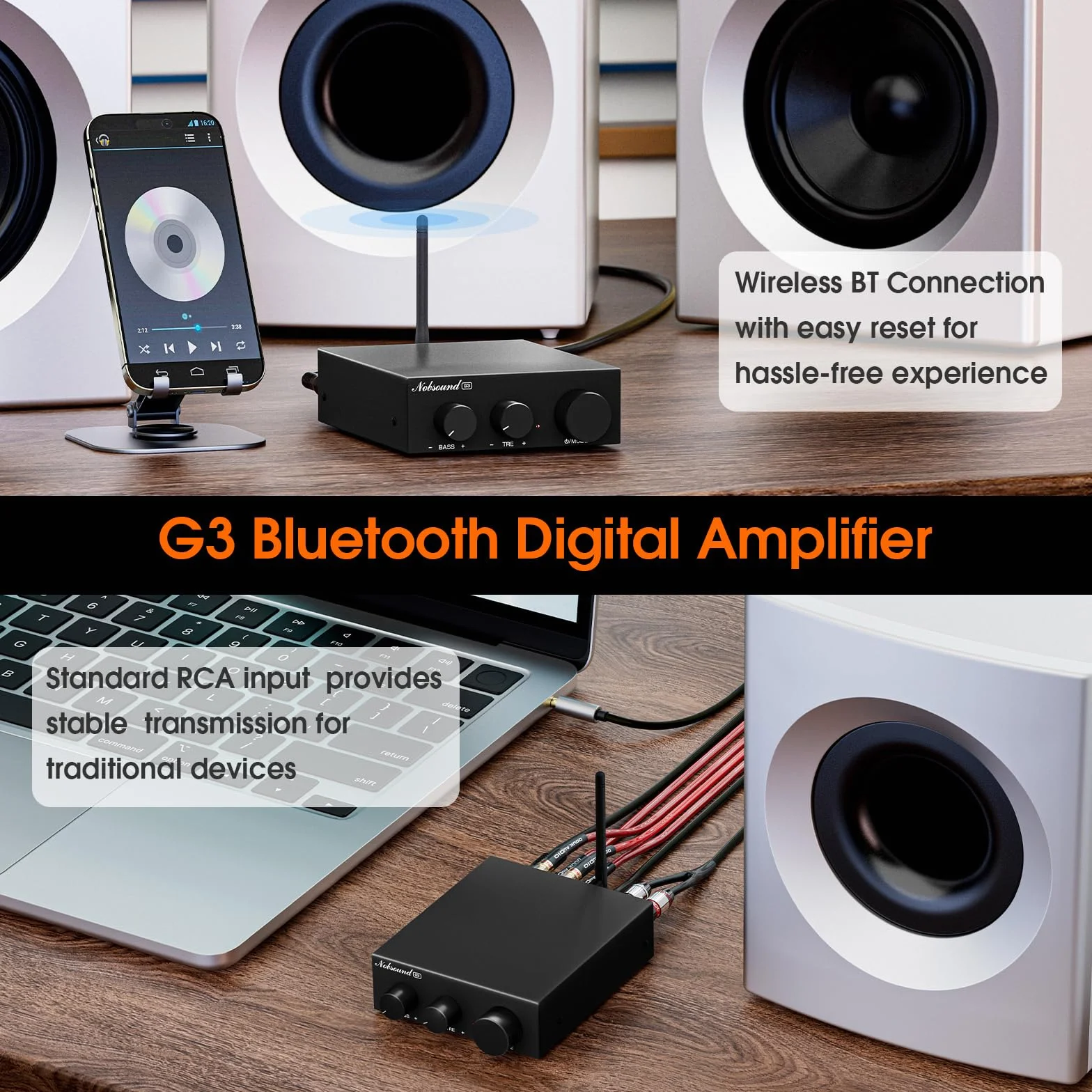 Nobsound Wzmacniacz stereo Bluetooth 5.0: Mini Audio 2.0 kanał, zintegrowany wzmacniacz z regulacją wysokości basów, do głośników domowych 50 W x2 TPA3116