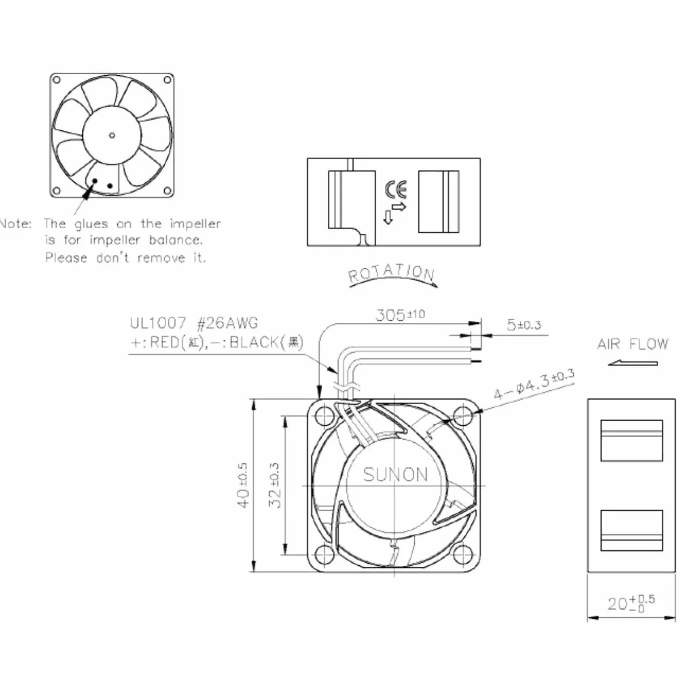 Sunon MF40202V2-1000U-A99 Wentylator, Czarny, 40 x 40 x 20 mm
