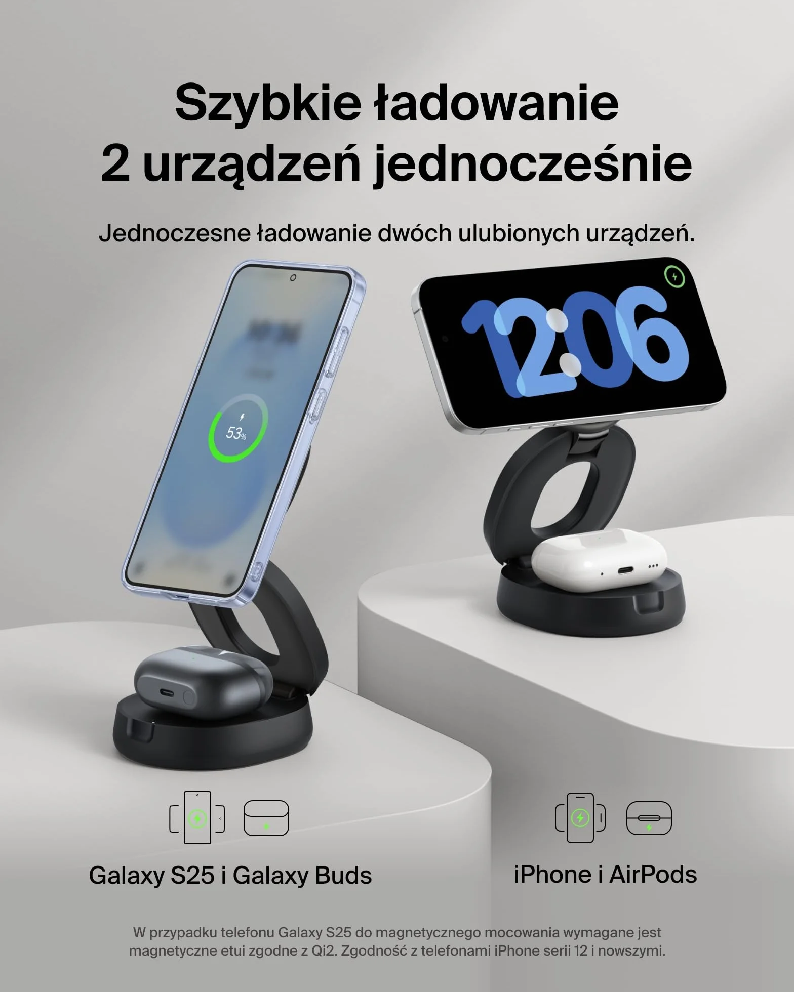 Belkin 2 w 1 Przenośna ładowarka Bezprzewodowa, Rozkładana Bezprzewodowa Stacja ładująca o mocy 15 W, zgodna z MagSafe ładowarka Qi2 do urządzeń iPhone 16 i AirPods, w zestawie ładowarka 30 W – Czarna