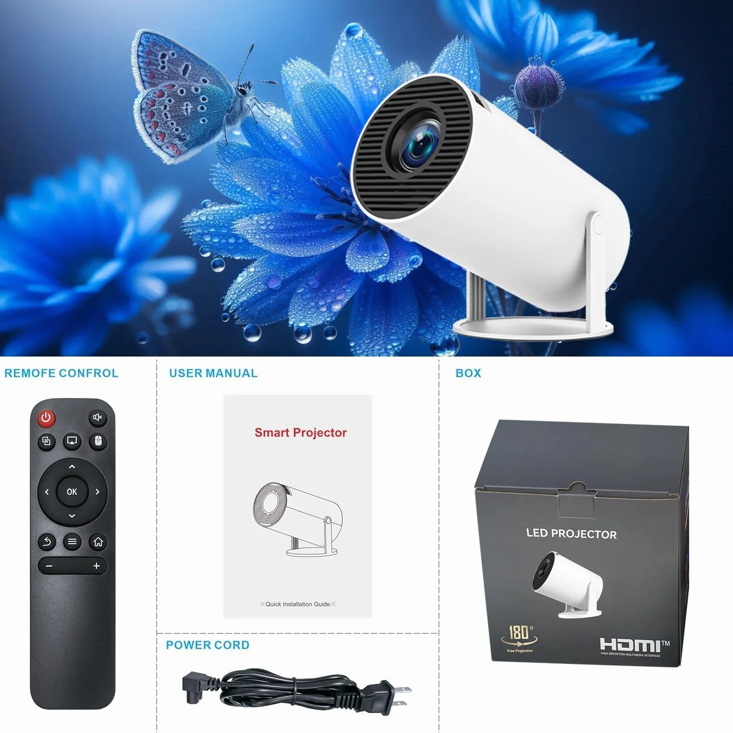 Projektor mini FHD 4K, przenośny projektor wideo WiFi 6 BT5.2, korekcja trapezu, obrót o 180°, kompatybilny z telefonem/PC/HDMI/USB/PS5 [aplikacja]