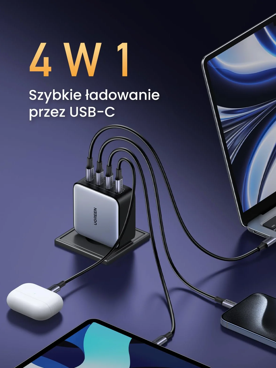 Ładowarka UGREEN Nexode 100W USB C z 4 portami USB-C Zasilacz GaN Ładowarka wielokrotna PD obsługuje PPS 45W kompatybilna z MacBookiem Pro/Air, iPadem Pro/Air, serią iPhone 16-8, Galaxy S24
