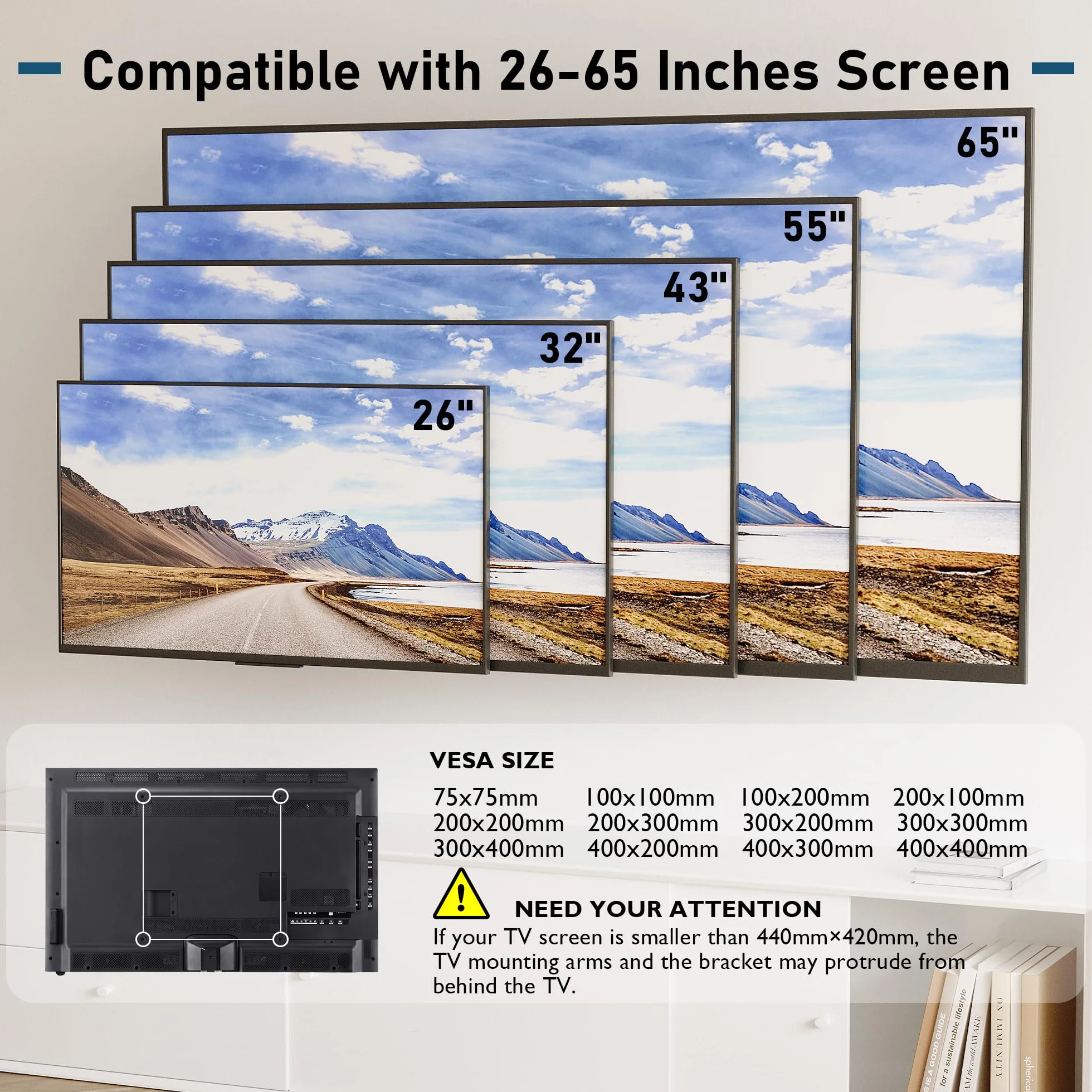 BONTEC Uchwyt Ścienny TV do Większości 26-65'' LCD/LED/OLED Telewizorów – Nachylany Slim TV Uchwyt Ścienny do 55kg, Max VESA 400x400mm – Wbudowana Poziomica i Opaski Kablowe
