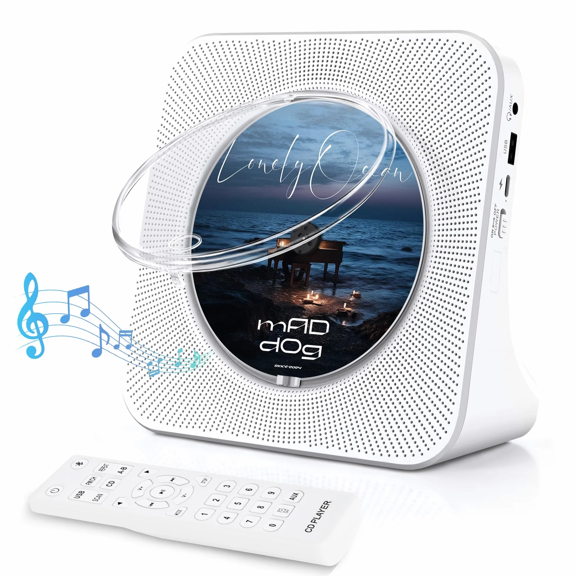 Przenośny odtwarzacz CD, Bluetooth, odtwarzacz CD z podwójnym głośnikiem, obsługuje ustawienia timera/radio USB/AUX/FM, połączenie ze słuchawkami Bluetooth lub głośnikami, pilot zdalnego sterowania