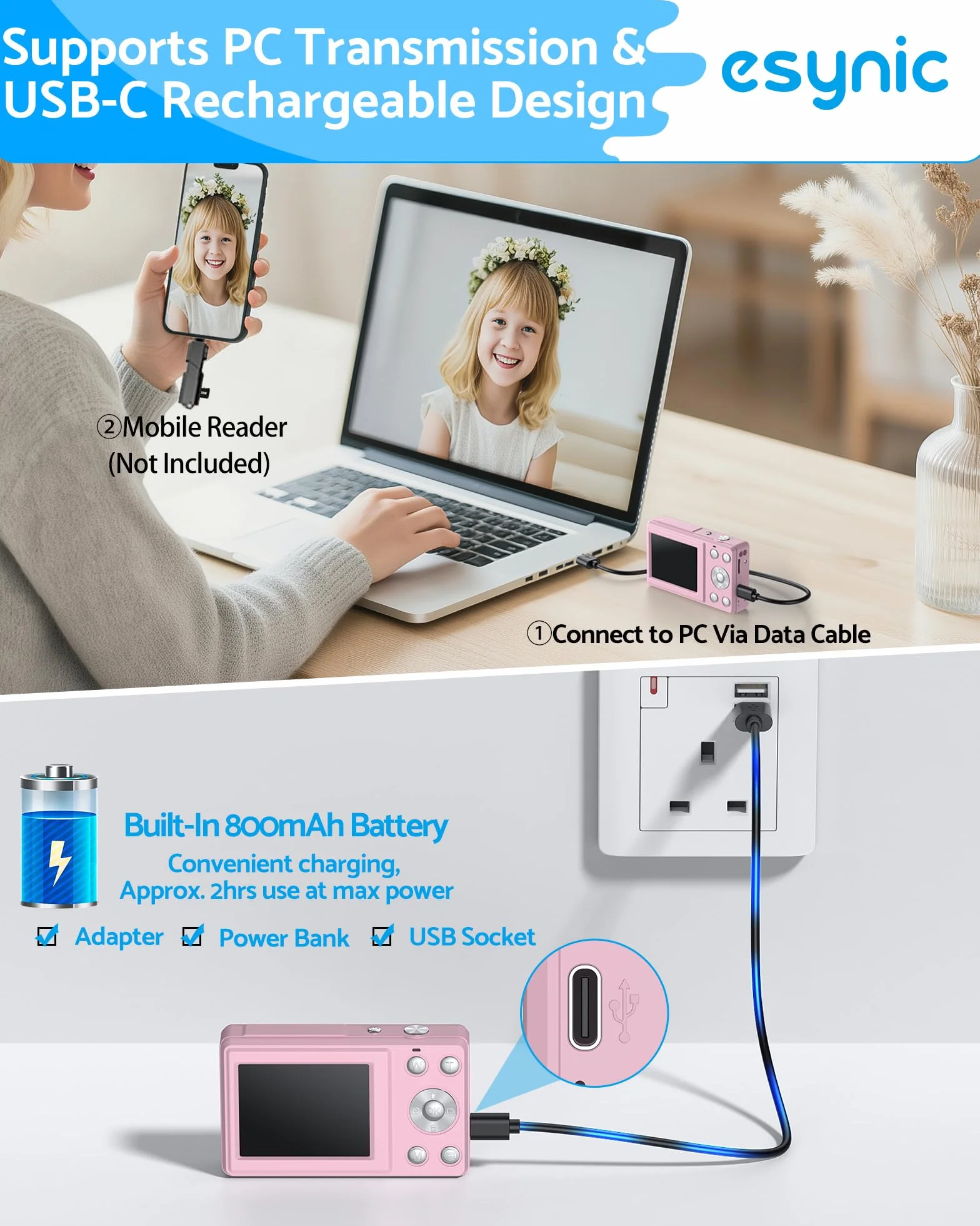 eSynic Kompaktowy aparat cyfrowy 4K 48 MP 18-krotny zoom autofokus karta SD 32 GB ekran do selfie
