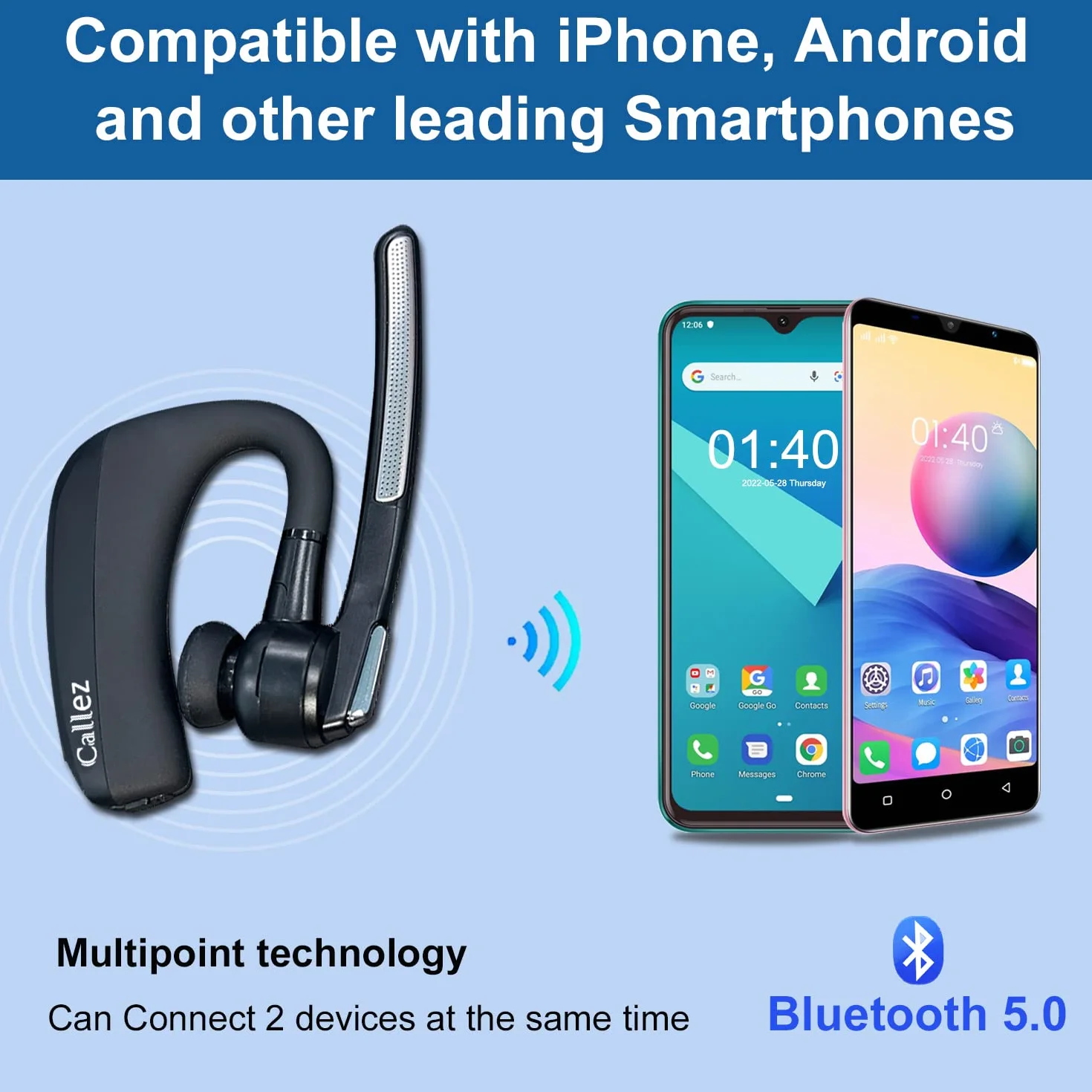 Zestaw słuchawkowy Bluetooth z podwójnym mikrofonem CVC8.0 z redukcją szumów, bezprzewodowe słuchawki V5.0, bezprzewodowe słuchawki do telefonu komórkowego, do iPhone'a, Samsunga, smartfona, jazdy