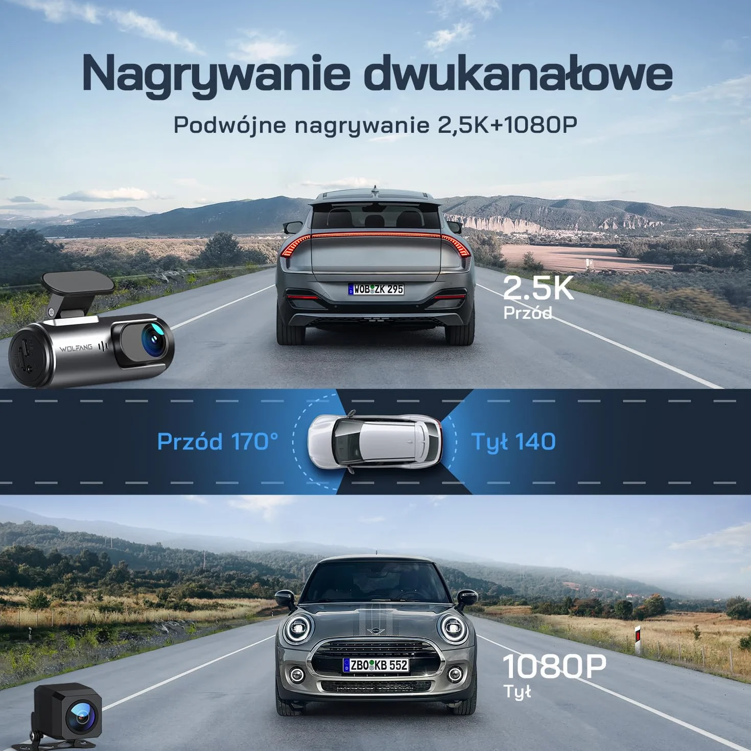 Kamera samochodowa WOLFANG 4K przednia i tylna kamera samochodowa Wi-Fi z kartą SD 32 GB, podwójna kamera samochodowa z noktowizorem, nagrywanie w pętli, czujnik G, szeroki kąt 170, osłona parkowania