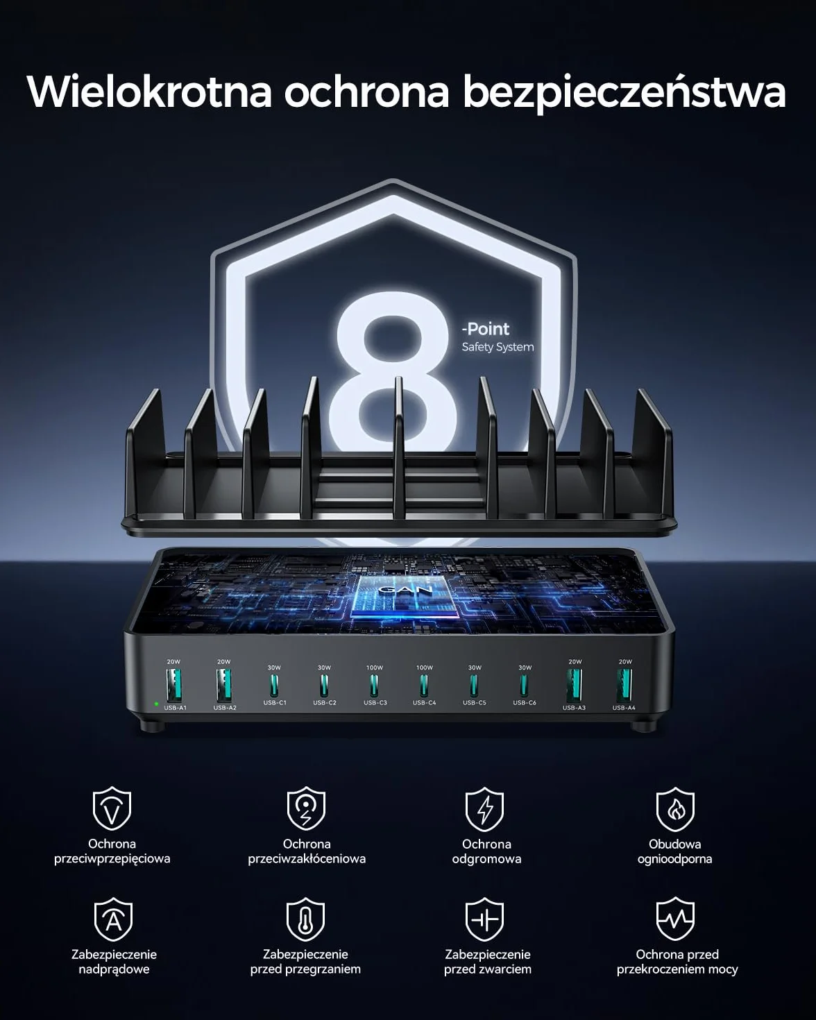 Ładowarka wieloportowa Rocoren USB-C 720W, 8-portowa stacja ładująca PD 140W z 4 portami USB-C i 2 portami A, zasilacz USB GaN do laptopów, MacBooków, iPadów, iPhone'ów, Samsungów i innych urządzeń