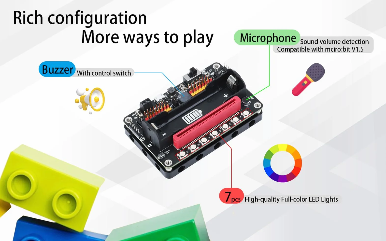 RobotBit karta rozszerzeń Micro:bit z PCA9685, napędy silnika i serwo, diody RGB LED, rozpoznawanie dźwięku i zarządzanie baterią 18650 do projektów robotyki