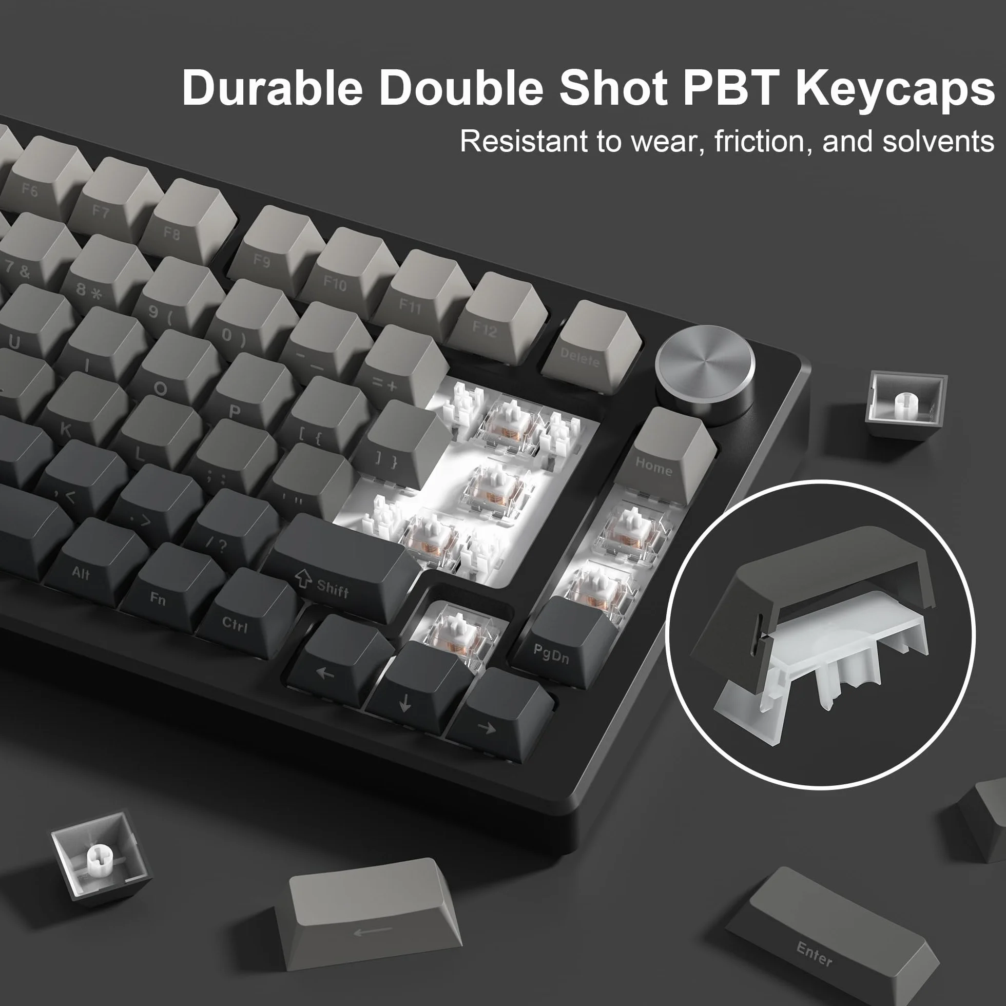 PBT 136 klawiszy przezroczyste, Double Shot Profile Cherry Shine Through Keycaps, niestandardowe nakładki na klawisze cieniowane klawisze do klawiatur mechanicznych ANSI US - szare
