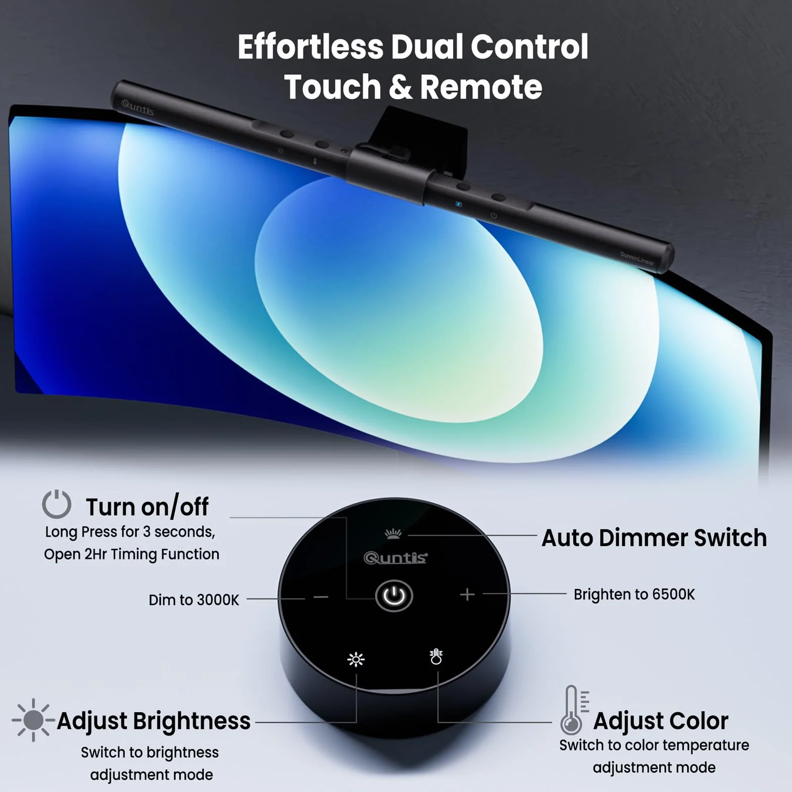 Quntis LED Lampa do monitora komputerowego z pilotem i sterowaniem dotykowym, listwa świetlna o długości 40 cm z automatycznym ściemnianiem, funkcją ochrony przed światłem niebieskim
