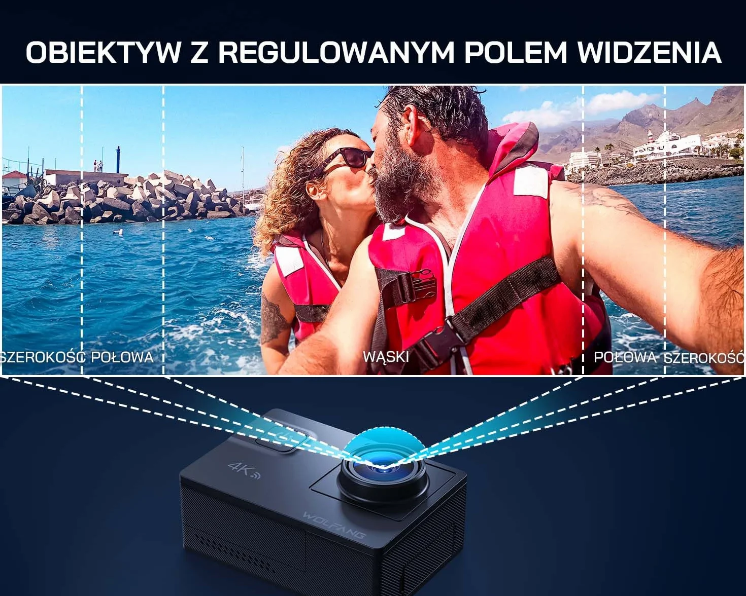 WOLFANG GA300 Kamera Sportowa 4K, Wodoodporna 40m z Kartą 32GB, WiFi 60FPS 24MP, Zoom 8x + Szeroki Kąt 170° EIS, Pilot 2.4G, Ekran Dotykowy, 2x Bateria 1350mAh