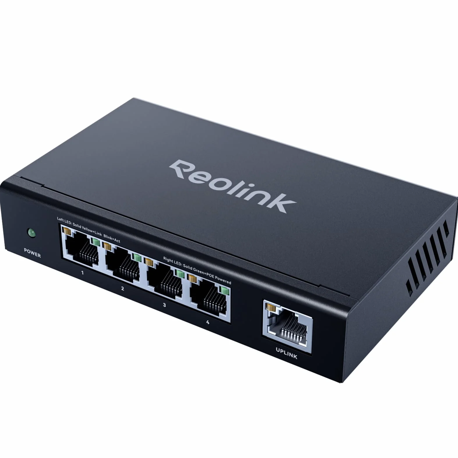 Reolink Przełącznik PoE o wysokiej prędkości i stabilności z 4+1 portami i adapterem 65 W dla domu i firmy, z metalową obudową, montaż na ścianie lub na stole, kompatybilny z IEEE 802.3af/at, RLA-PS1E