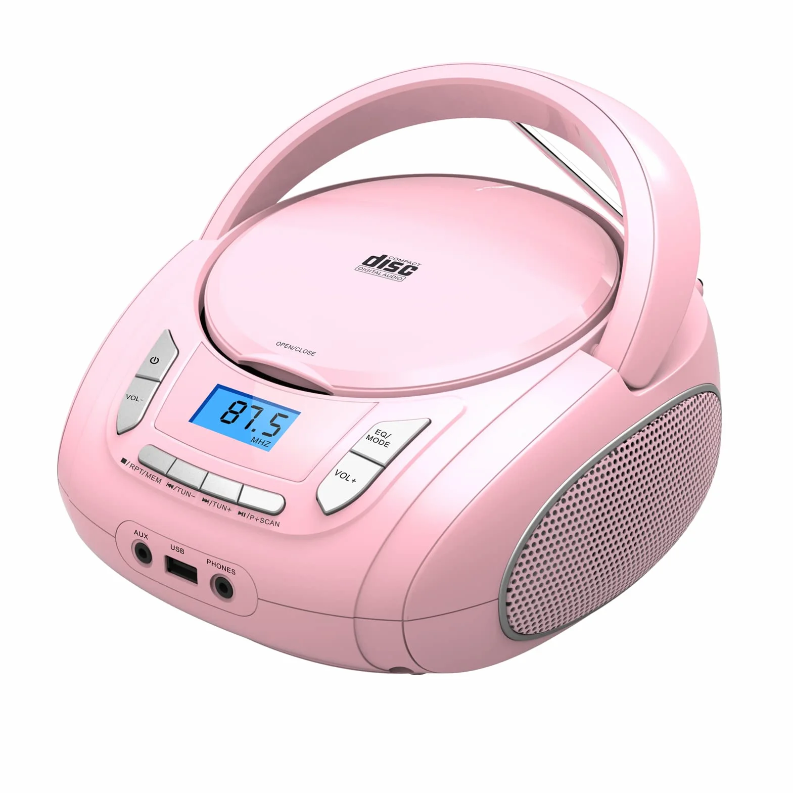 Przenośny odtwarzacz CD Bluetooth Boombox z radiem FM, USB, AUX, gniazdem słuchawkowym, kompatybilny z CD-R/RW i MP3 CD (różowy)
