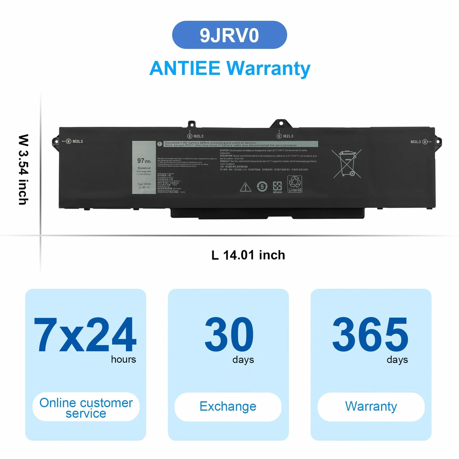 ANTIEE 97Wh 9JRV0 Laptop Batterie Compatible Dell Precision Latitude 15 5521 5531 3561 3571 M17 R5 AMD 11.4V 8071mAh