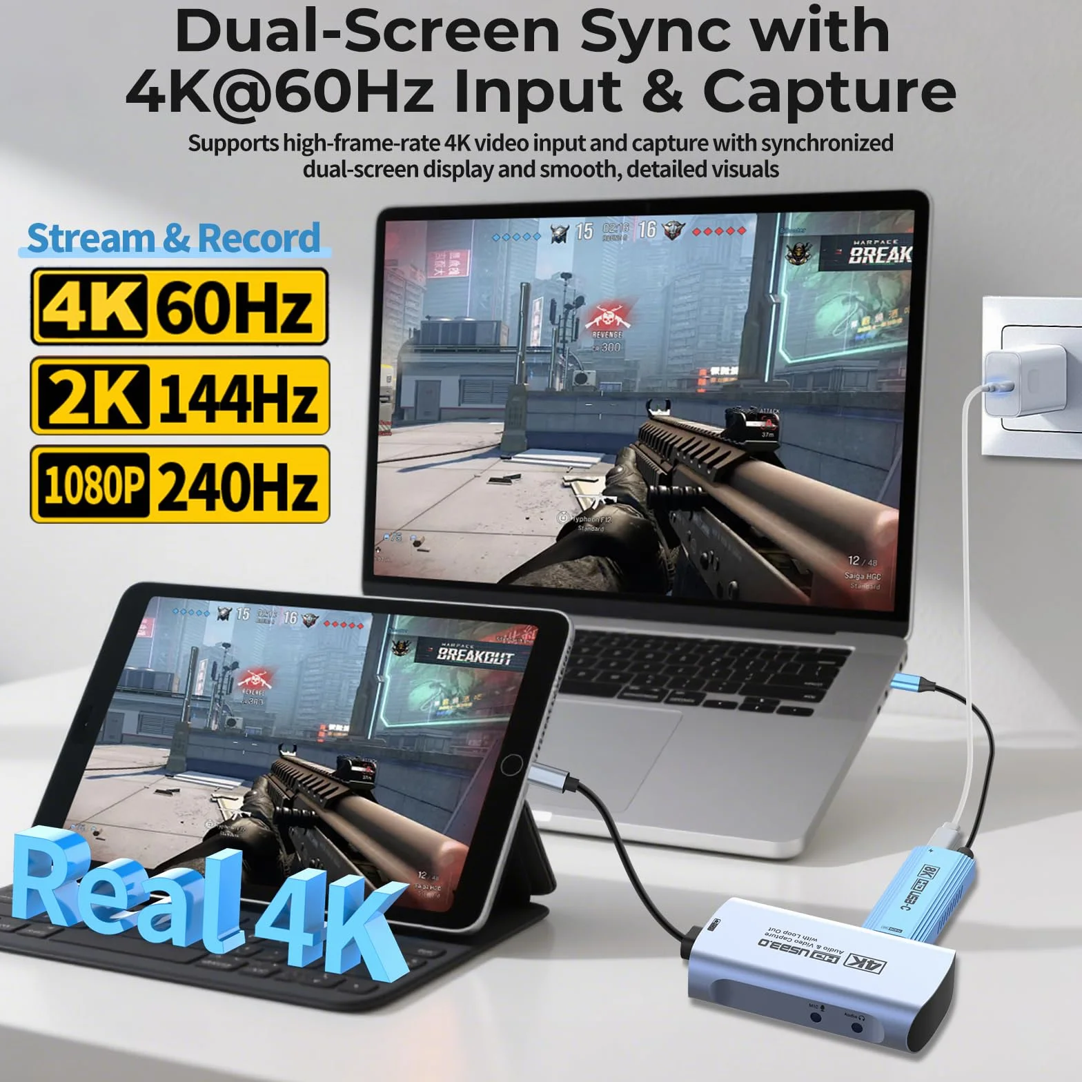 Guermok Karta 4K 60 FPS i 1080P 240 FPS HDMI do strumieniowego przesyłania, USB 3.0 do USB-C/A, 4K60 Passthrough, wejście audio 3,5 mm i wyjście mikrofonu, kompatybilna z Switch 2/1, PS, Quest 3, PC