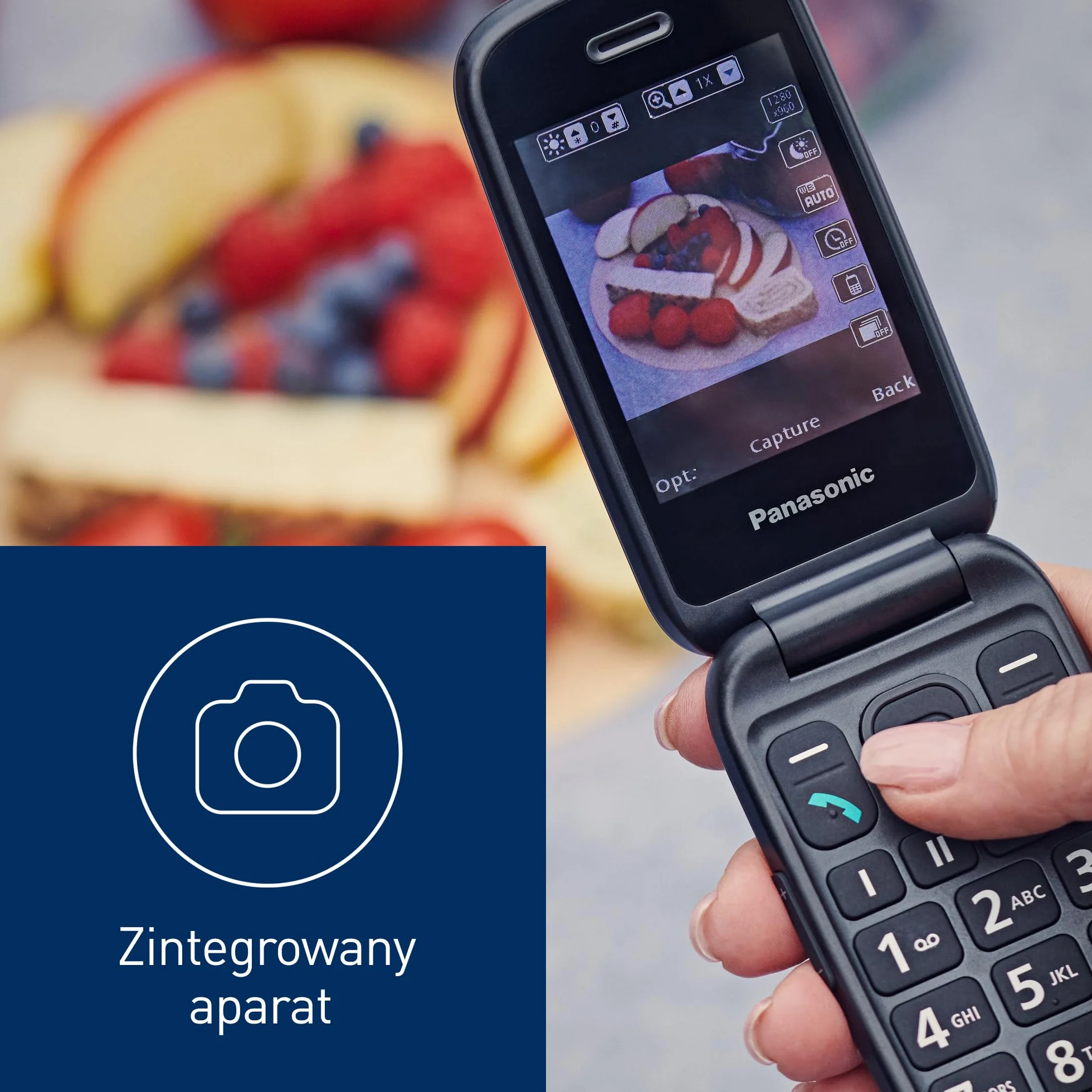 Panasonic KX-TU550 telefon dla seniora z klapką, duży ekran 2,8", aparat 1,2 MP, Clear Voice VoLTE, niebieski