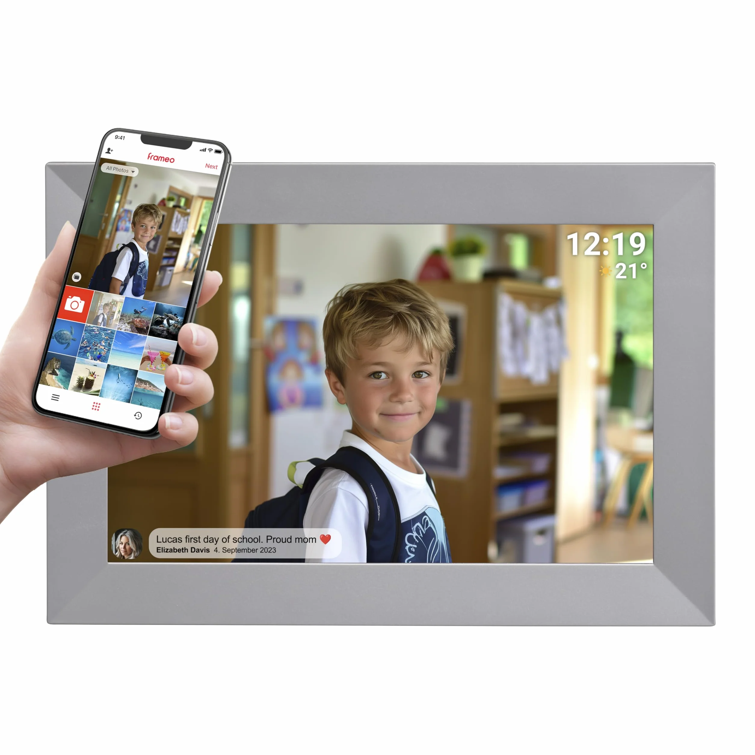 Denver PFF-1026G cyfrowa ramka na zdjęcia Wi-Fi – ekran dotykowy IPS HD 10,1", zintegrowane oprogramowanie FRAMEO, bezprzewodowe udostępnianie, funkcja timera, szara