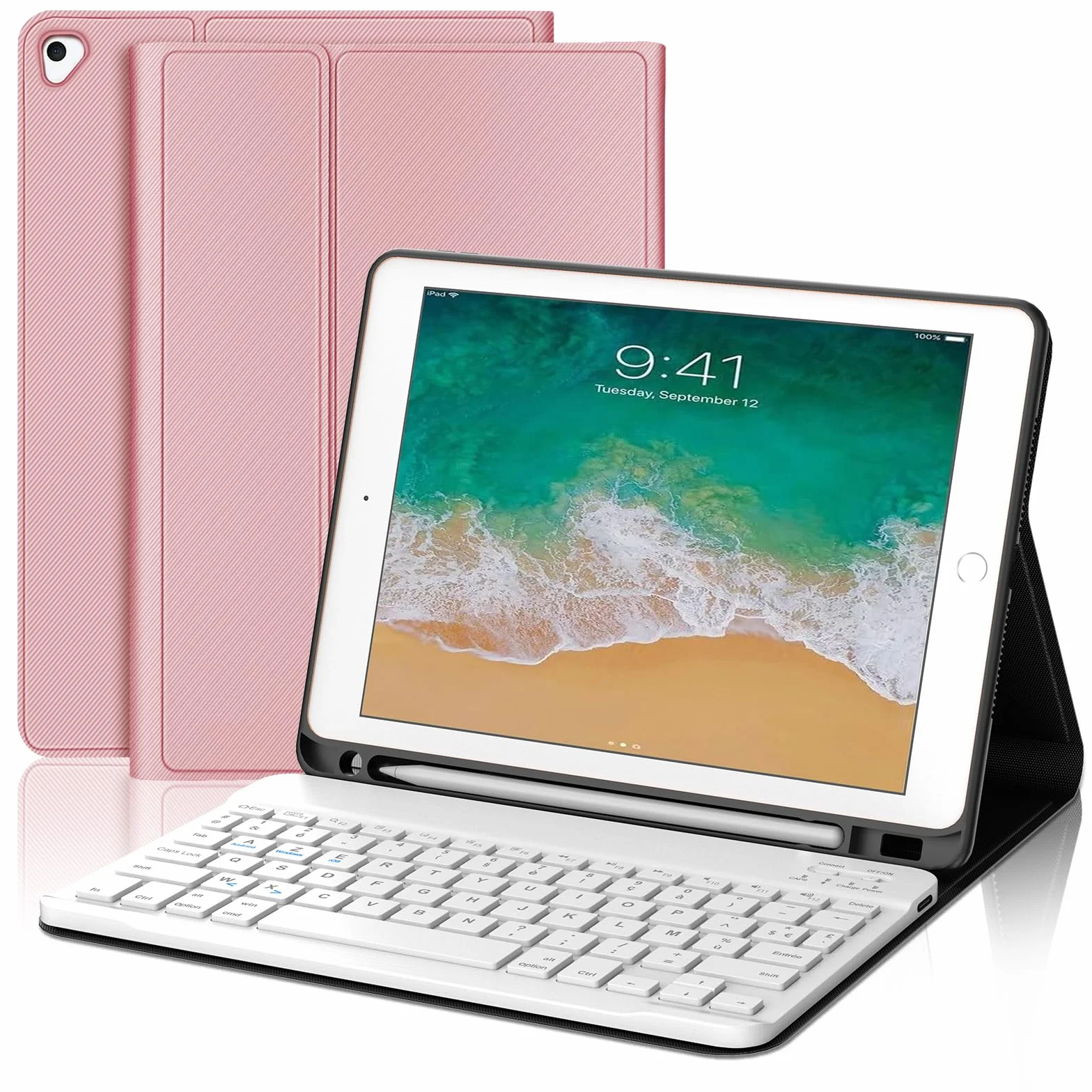 IVEOPPE Etui na klawiaturę do iPada 6/5 EME Generation/Pro 9.7 / Air 2/Air 1 9,7", AZERTY francuski pokrowiec na klawiaturę, zdejmowany układ bezprzewodowy Bluetooth z ołówkiem do iPada 9.7 2018
