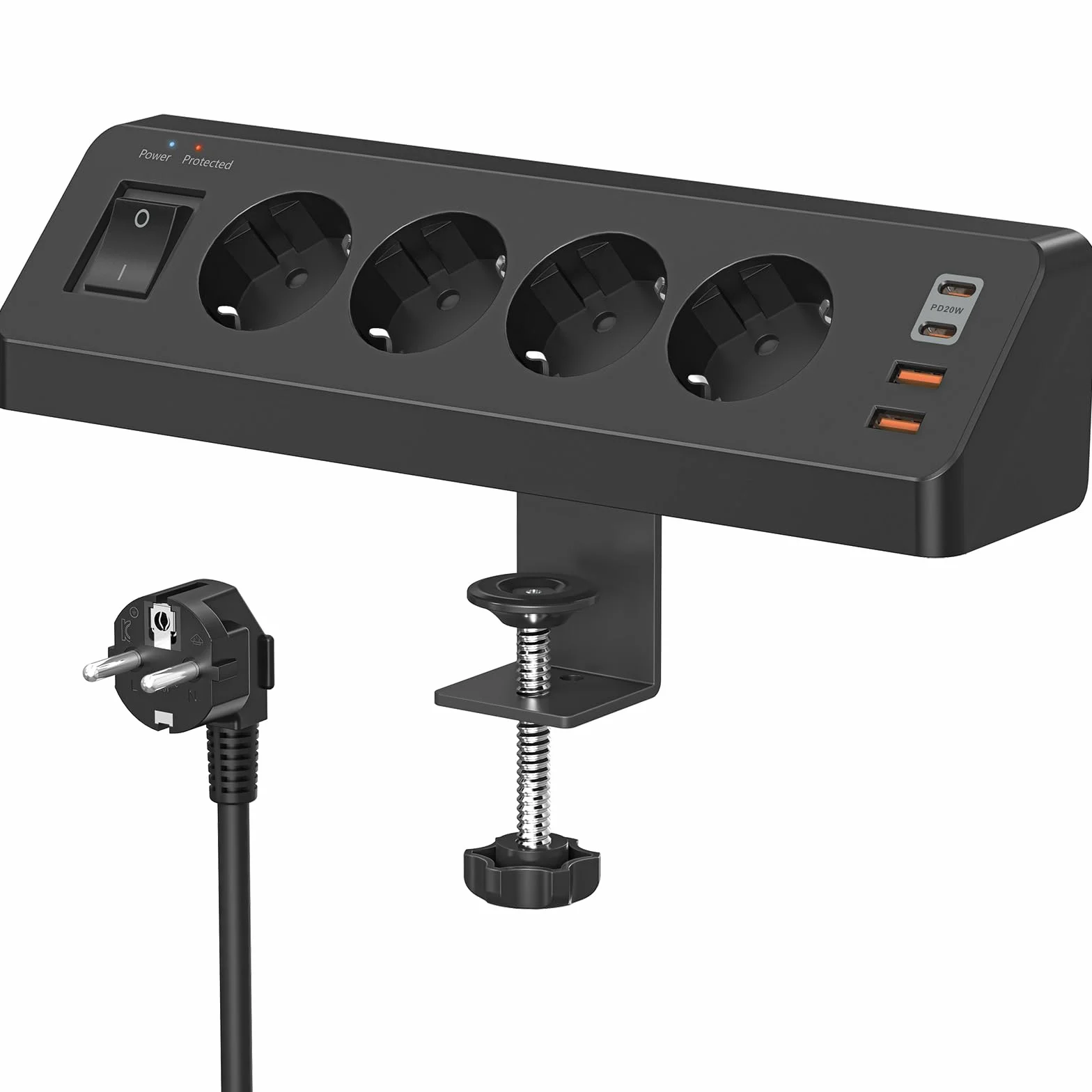 Gniazdo wtykowe stołowe z USB C (PD 20 W), listwa zasilająca 8 w 1, biurko z przełącznikiem, 4 wtyki, 4 gniazda USB, ochrona przed przepięciem, kabel 2 m, do domu, biura (czarne)