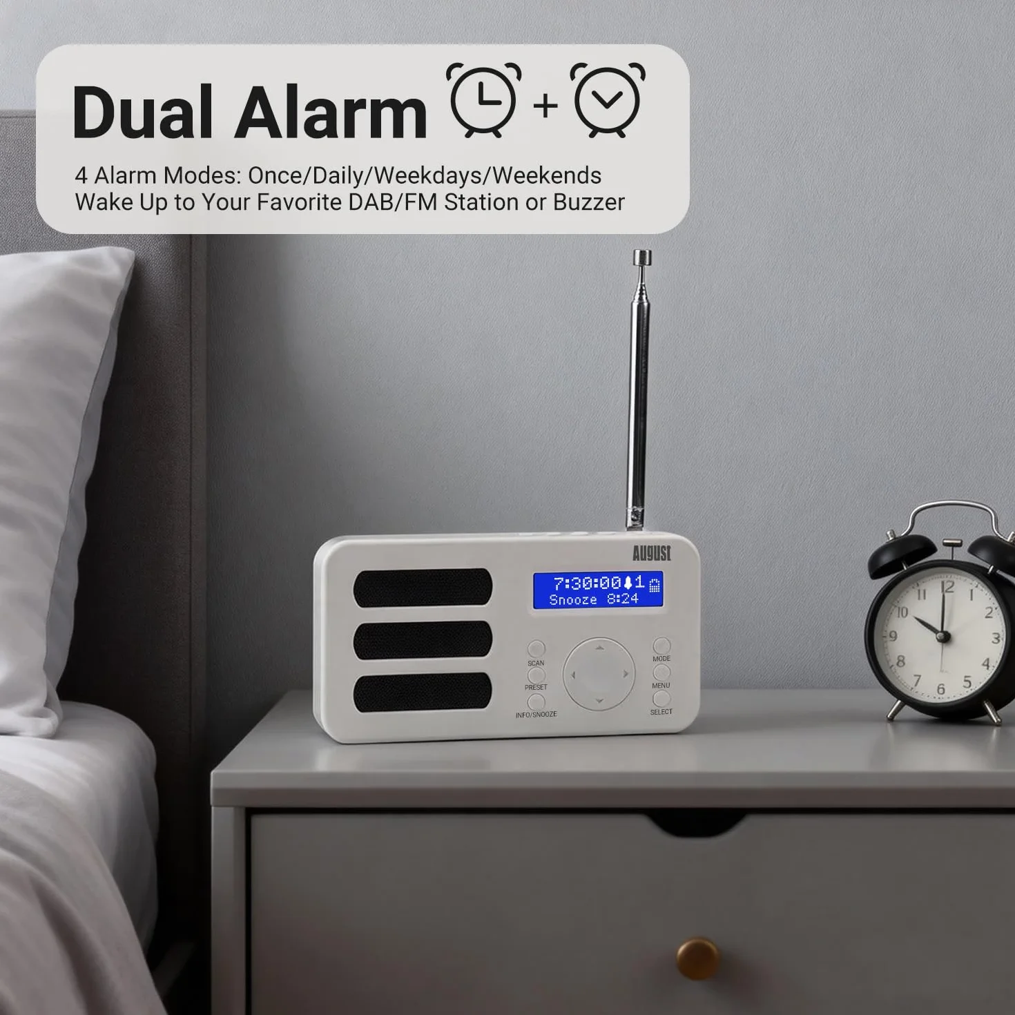 August MB225 - Przenośne radio cyfrowe - DAB/DAB + / FM - funkcja RDS, możliwość zaprogramowania 40 stacji, przenośne radio stereo/mono, podwójny alarm, akumulator, gniazdo słuchawkowe (białe)