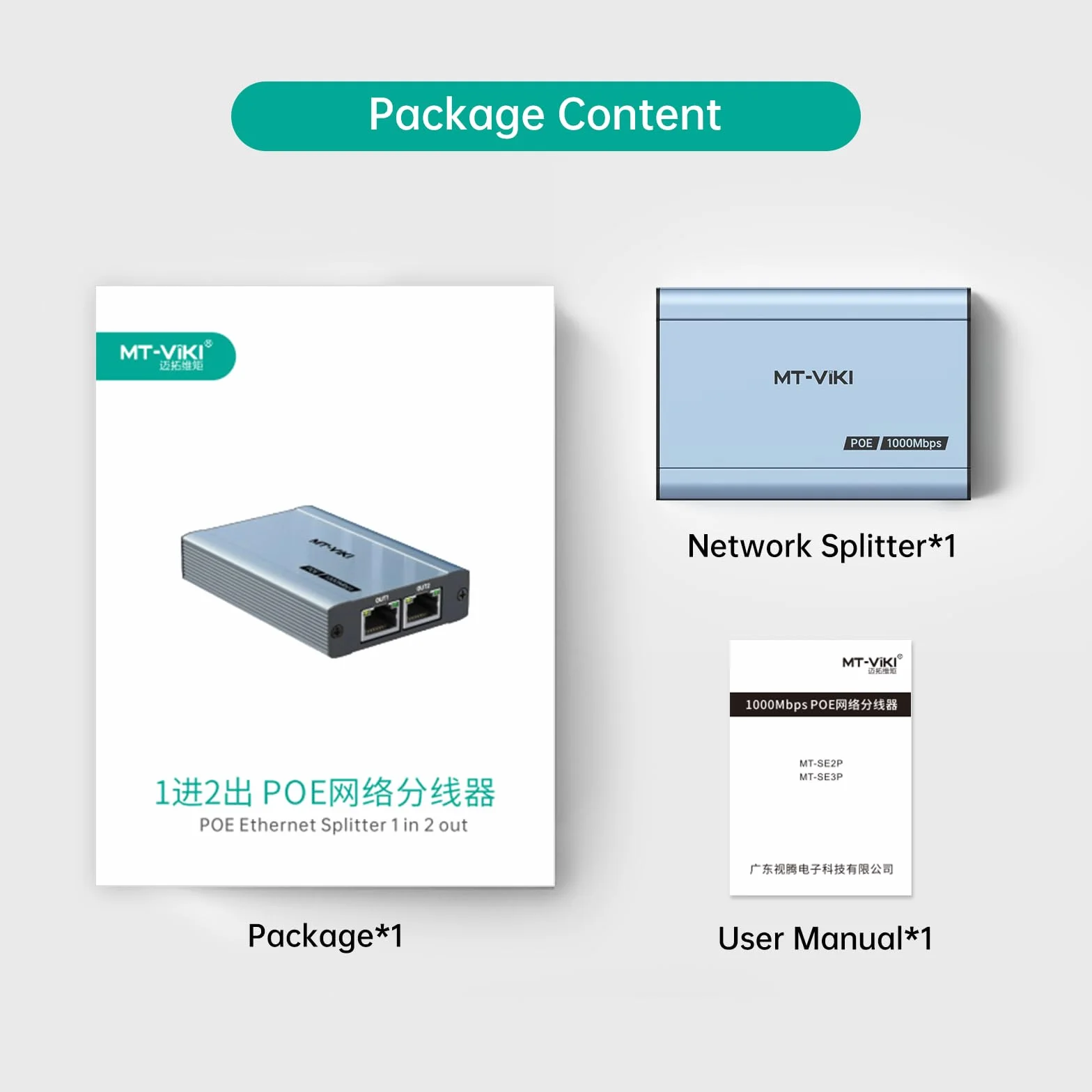 MT-VIKI Rozdzielacz Ethernet POE 48V 60W 1 do 2 1000 Mb/s Gigabit RJ45 Cat5e/6/7/8