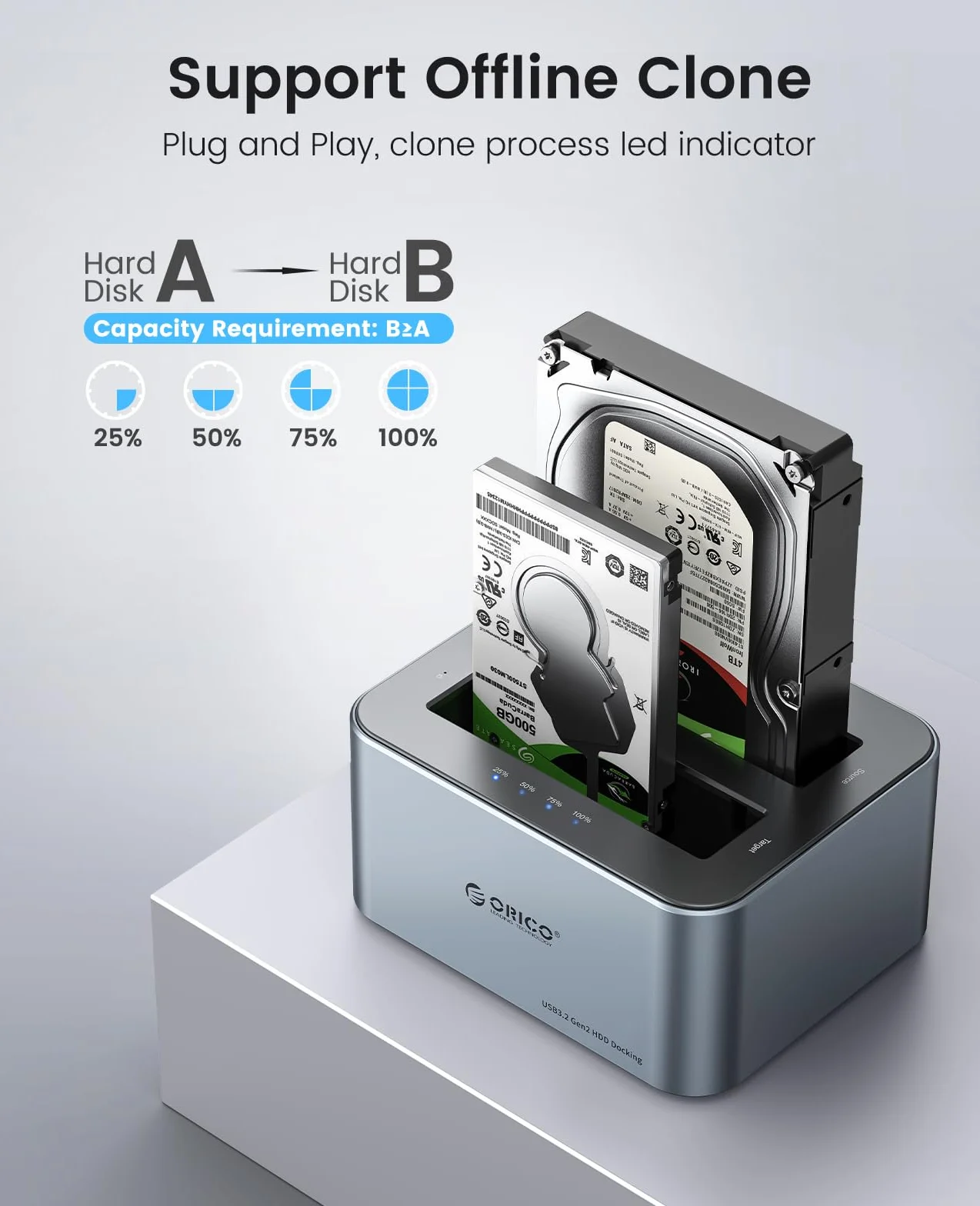 ORICO Aluminiowa stacja dokująca z podwójnym dyskiem twardym, USB 3.2 Gen 2 do SATA 2,5/3,5 cala SSD/HDD, 2 kieszenie, zasilacz 12 V 3 A, obsługuje 2 x 18 TB, bez użycia narzędzi (6626C3)