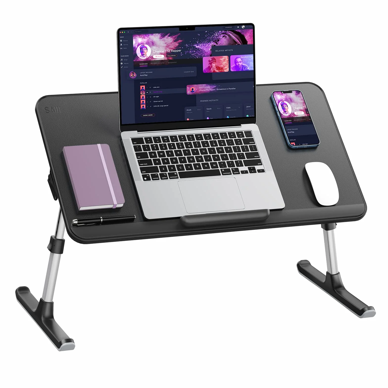 Saiji stół do łóżka, grube, stabilne nóżki, regulacja wysokości i kąta, wystarczająco miejsce na mysz, laptop do 17