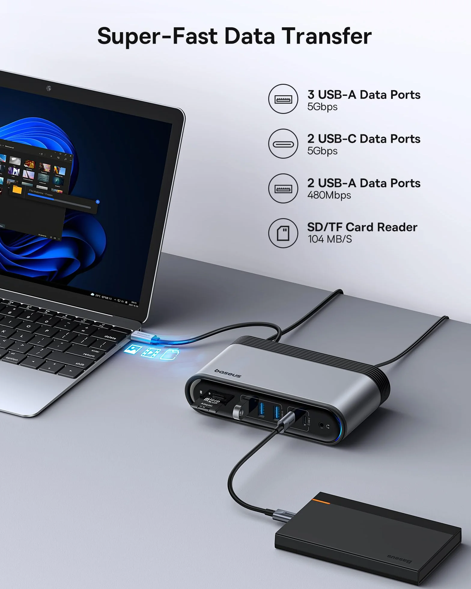 Baseus Stacja dokująca 17 w 1 4K HDMI*2 DP*1 do transmisji na 3 monitorach z 100 W PD, USB 3.0 x 3, LAN, czytnik kart SD/TF, złącze audio, koncentrator do Windows, Mac laptopa