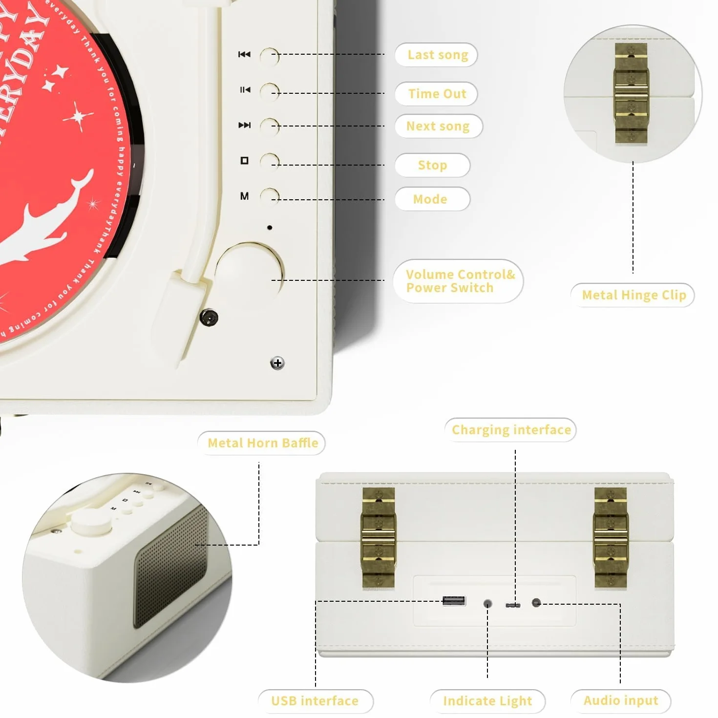 Yintiny Ładowalny skórzany odtwarzacz CD z głośnikami, nadajnik Bluetooth, prezent festiwalowy, odtwarzacz BGM do dekoracji wnętrz, biały