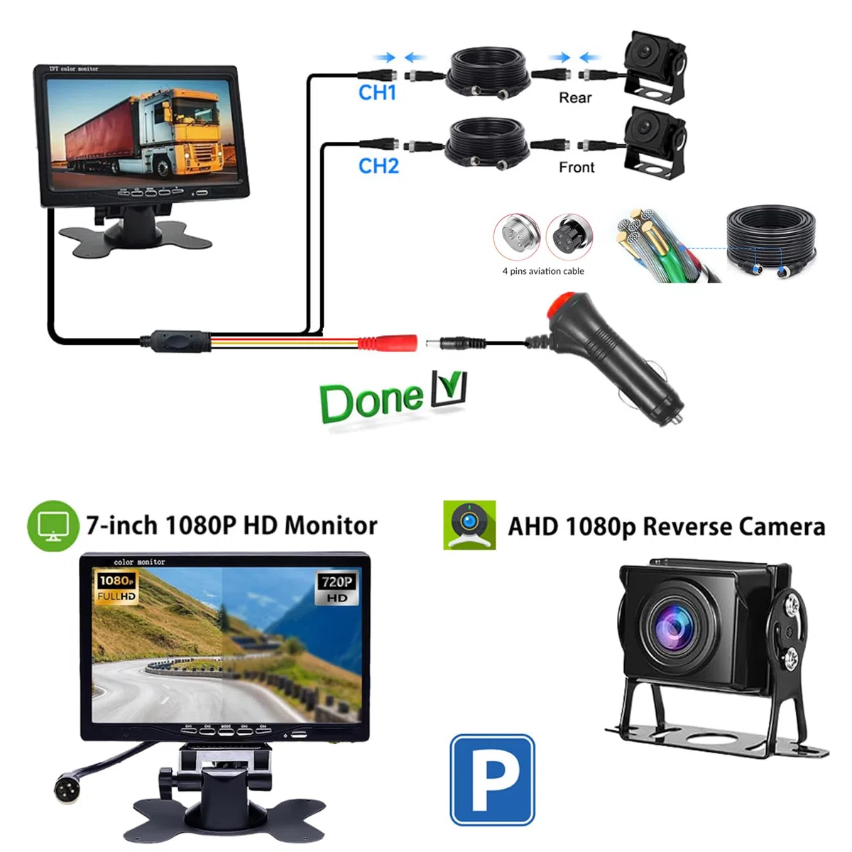 Zestaw kamer cofania z monitorem LCD 7", 2 kamery o rozdzielczości HD, wodoszczelność IP68, widoczność w nocy, kolorowy, do samochodów ciężarowych/przyczep, autobusów, vanów, rolnictwa