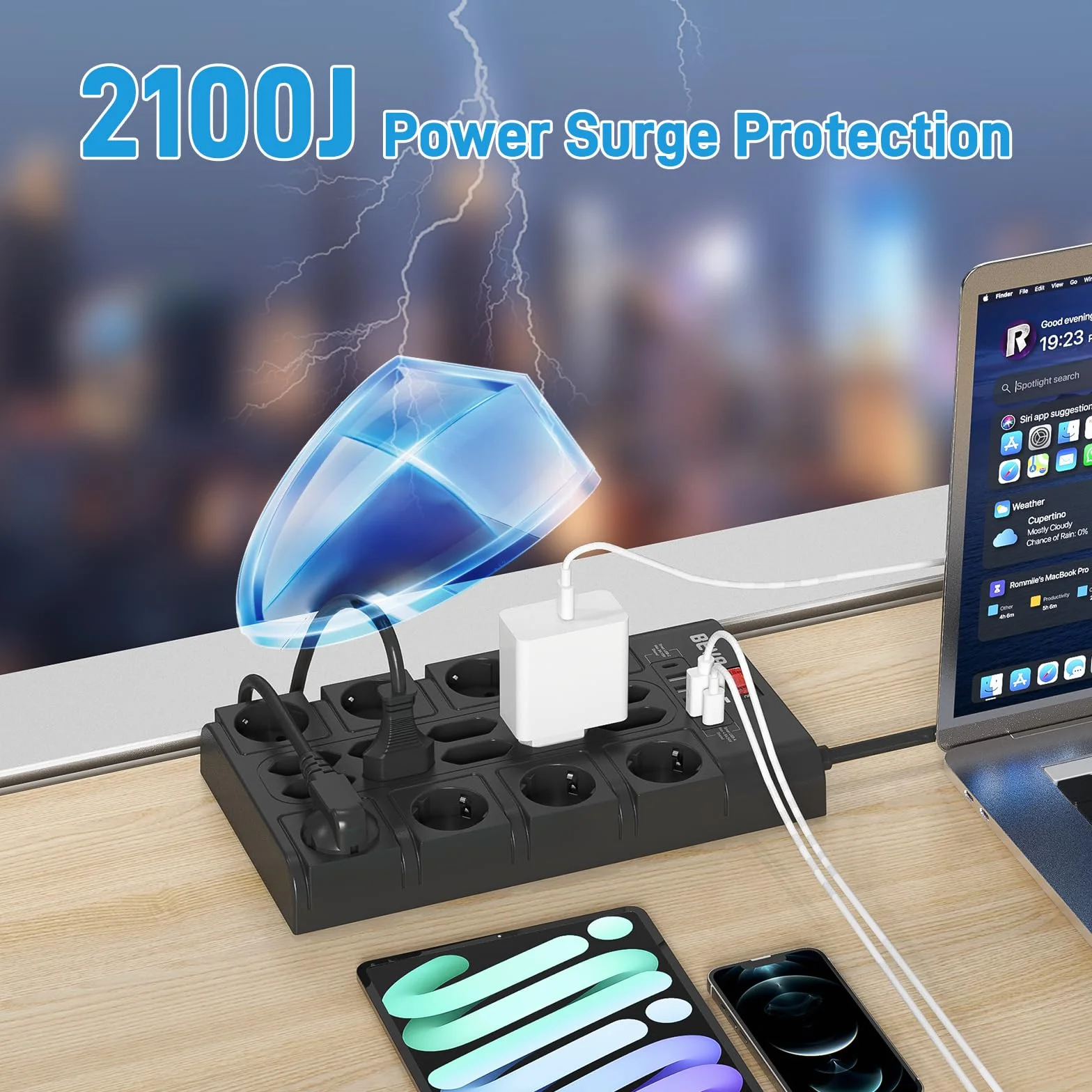 BEVA Listwa Zasilająca 3680W/16A, Wielokrotna Listwa Zasilająca z 18 Gniazdem AC, 4 porty USB-A i 2 USB-C, Złodzien Wtyczka ze Wskaźnikami Stanu i Ochroną Przed Przeciążeniem 2M kabel