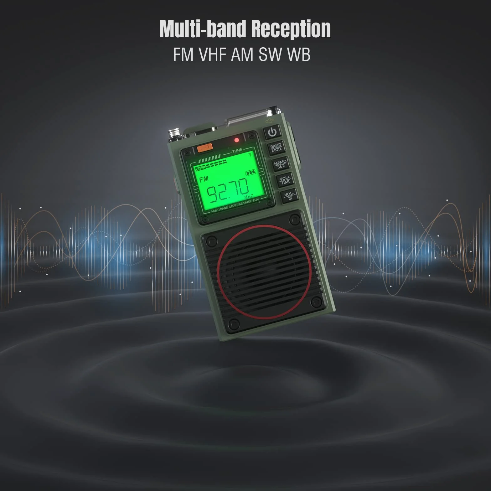 Raddy RF75A Radio krótkofalowe z kontrolą aplikacji, przenośne AM/FM/VHF/SW/WB z funkcją pogody, ładowalne, z anteną drucianą (Army Green)