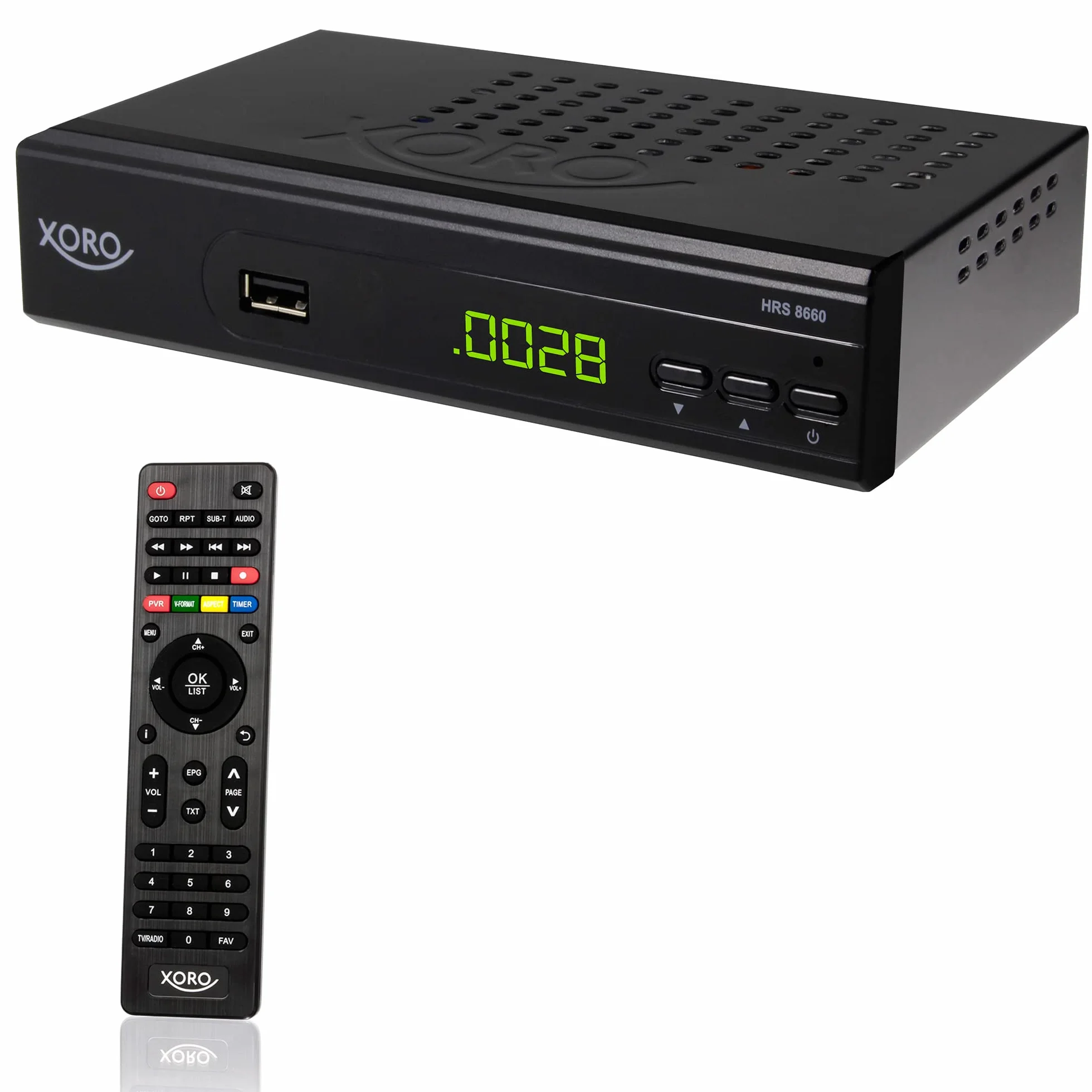 XORO HRS 8660 cyfrowy odbiornik satelitarny, lista programów Astra 19.2, zaprogramowana lista kanałów, PVR-Ready, Timeshift, odtwarzacz multimedialny USB, wyświetlacz LED, łatwa instalacja