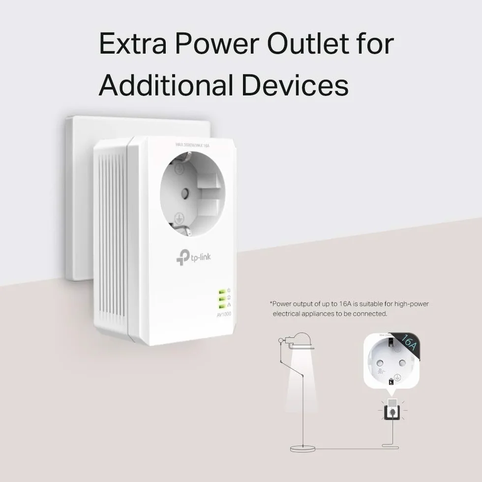TP-Link TL-PA7017P KIT – Zestaw Powerline AV1000 z gniazdem, port Gigabit, Plug & Play, do 1000 Mb/s, idealny do streamingu 4K i gier przewodowych