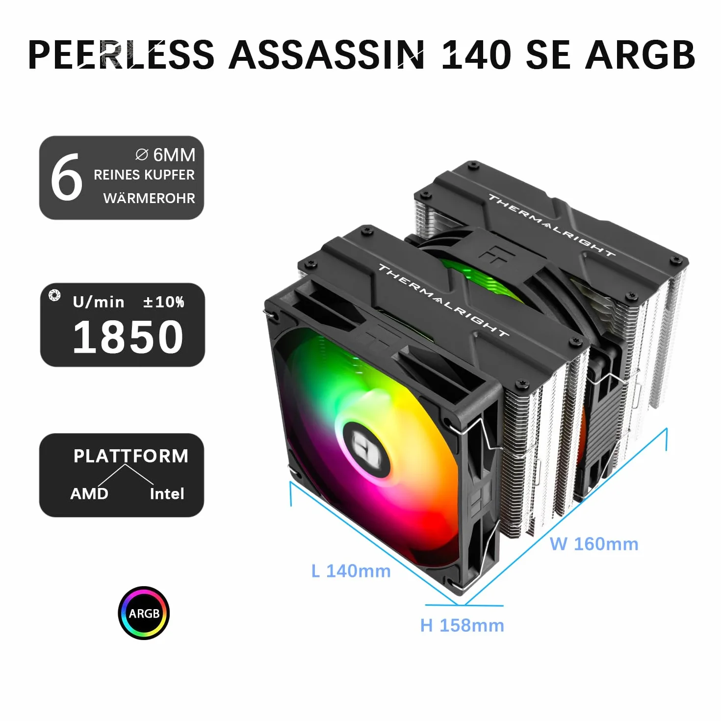 TR-Thermalright Peerless Assassin 140 SE ARGB CPU chłodnica powietrza, Dual Tower i wentylator z rurkami Heatpipes 6 mm, wentylator PWM 120 mm z 1850 obr./min, do AM5/AM4, Intel LGA1851/1700/1150/1151
