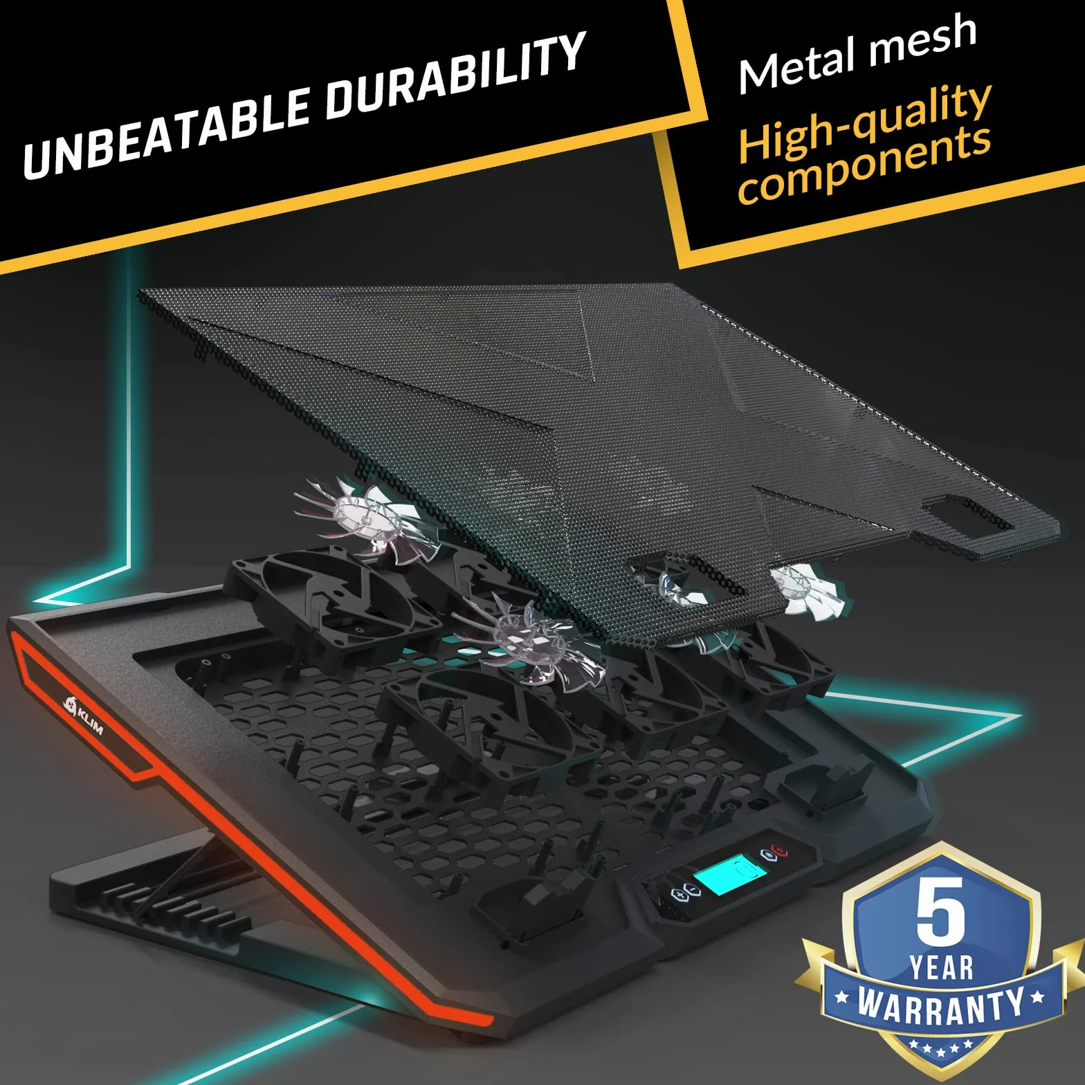 KLIM Glacier stojak chłodzący do laptopa z 6 wentylatorami, nowy 2023 - z podświetleniem RGB - 11-17,3 cala - podkładka chłodząca do laptopa do gier, stabilna i cicha, zasilana przez USB podkładka